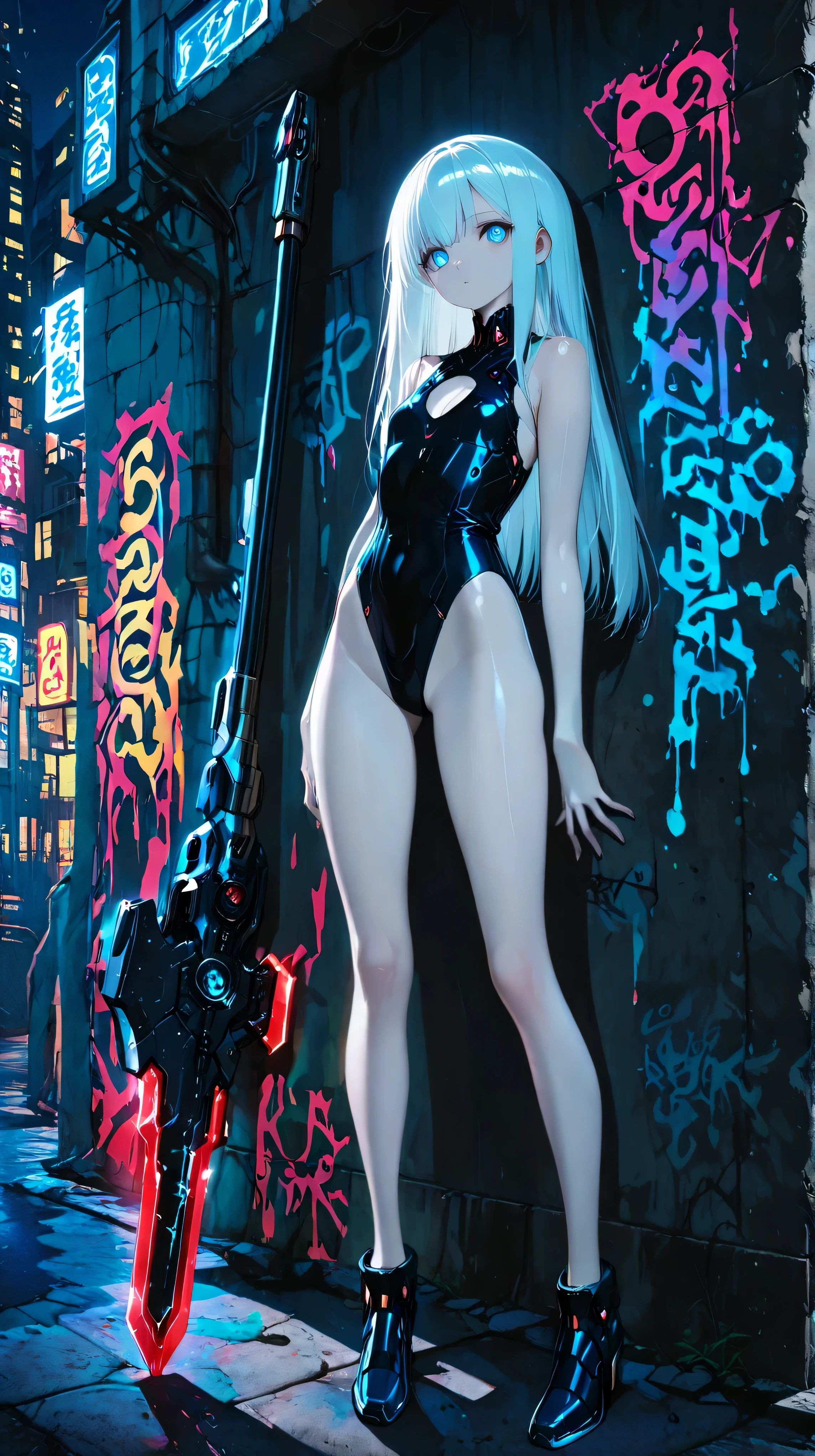 masterpiece, best quality, photography, ultra high resolution, faded color, an anime girl, cute face, pale skin, mechanical spear, slim body, long legs, long arms, small chest, blue eyes, white long hair, straight hair, cybernetic armor, battle armor, sleeveless, high-leg, urban, concrete wall, shadow,graffiti,  detailed eyes, sharp eyes, artificial light, night, night time