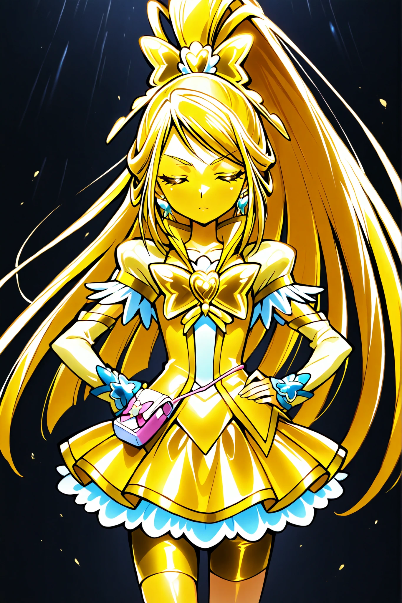 Cure Aqua, masterpiece, top quality, Newest, very high resolution, close eyes, gold髪,  jaundice , Close Your Mouth,   No students  , Yellow skin, glossy skin,  gold属の肌, Black eyebrows, Troubled eyebrows, 1girl, solo, cowboy shot, standing, dynamic, watching viewers, I'm sleeping, Serious look for that year, black background, place your hand on her waist , wide ponytail, gold_Butterfly Brooch , gold_shorts, gold_butterfly hair ornaments, long hair, gold_shorts, ponytail, Magical Girl, gold_skirt, bike shorts, gold_shorts under skirt, hair ornaments, gold_gem, high ponytail, Metallic Outfit