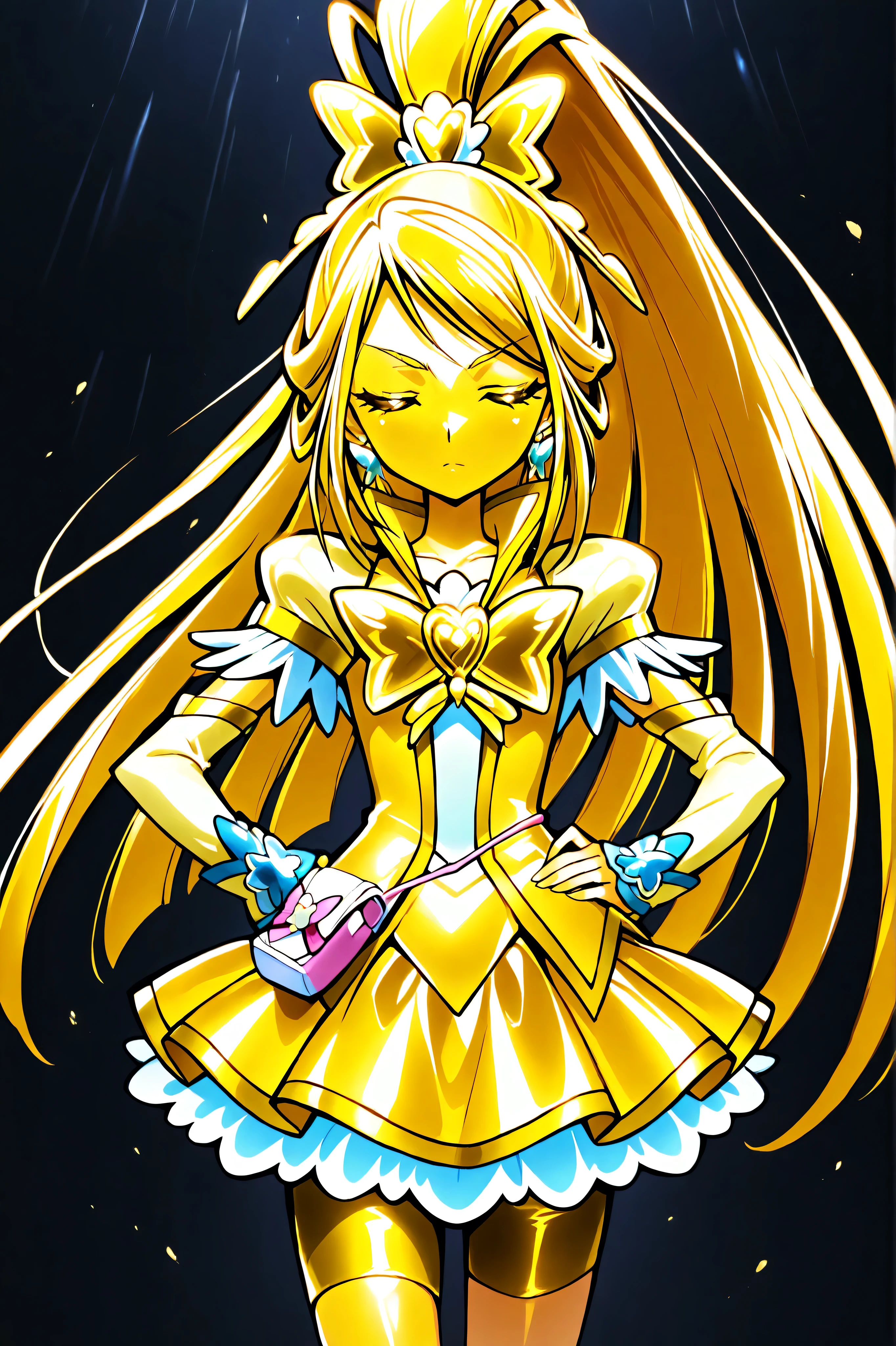 Cure Aqua, masterpiece, top quality, Newest, very high resolution, close eyes, gold髪,  jaundice , Close Your Mouth,   No students  , Yellow skin, glossy skin,  gold属の肌, Black eyebrows, Troubled eyebrows, 1girl, solo, cowboy shot, standing, dynamic, watching viewers, I'm sleeping, Serious look for that year, black background, place your hand on her waist , wide ponytail, gold_Butterfly Brooch , gold_shorts, gold_butterfly hair ornaments, long hair, gold_shorts, ponytail, Magical Girl, gold_skirt, bike shorts, gold_shorts under skirt, hair ornaments, gold_gem, high ponytail, Metallic Outfit