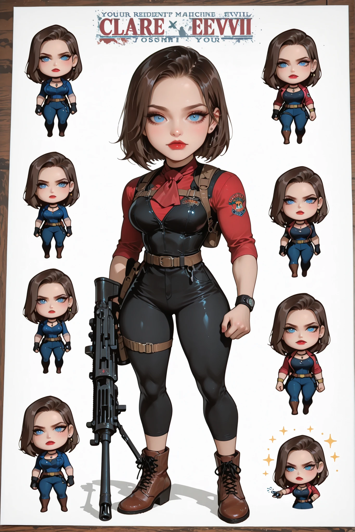Claire redfield com uniforme personagem jogo (cosplay resident evil 2) And your machine gun in your hand in a drawing "Chibi"