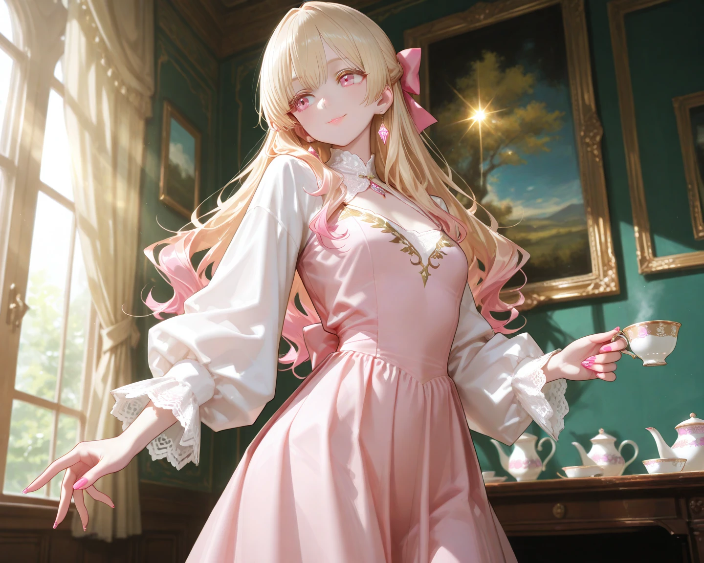 A scene that combines childhood dreams of princesses and medieval European fashions. This fantastic scene features a young girl with long, luxurious blonde hair. The dress she wears combines the aristocratic elegance of medieval Europe with the daintiness of the princess she admired as a . The dress is knee-length and gently hugs the body, with many frills and fine lace embellishments. The sleeves, in particular, are full and tighten at the wrists, evoking the opulence of the Middle Ages. The dress is a dreamy pastel color, a mixture of pale pinks and lavenders, with shiny gold thread embroidery over it. She wears a small crown on her head and a necklace encrusted with tiny jewels, the kind favored by the children of medieval nobility. This attire is both pretty and elegant, as if it were the realization of a longing and a child's dream. The surrounding landscape is reminiscent of a fantastic medieval European garden, with colorful flowers and shining light particles decorating the space, creating an even more magical atmosphere. The girl is ready to begin weaving her own story in this dreamlike world.