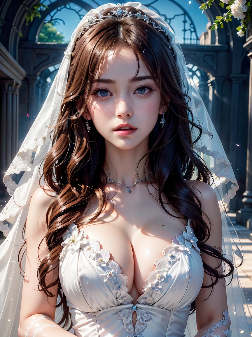 (masutepiece: 1.3), (max resolution: 1.2), (Ultra HDTV: 1.2), cinematric light, 8K resolution, Detailed eyes and skin, detailed  features, , (Sharp Focus: 1.2）, (Focus on Face:1.2),Perfect Style, Beautiful face, acurate, Anatomically correct, Highly detailed face and skin texture, Detailed eyes, Double eyelids, Thin eyebrows, Glitter Eyeliner: 1 Natural cheeks, Glossy skin, Fair skin: 1.2, (Glossy lips: 1.4),、 (Shy look: 1.2),Highly detailed  and skin texture, Detailed eyes, Double eyelids, Natural cheeks, , shiny lips: 1.4, cleavage、（A large amount of  in the chest:1.4）（Large amount of  in the thighs:1.2）、 red blush、humiliated、impatience、dismay、Frightened、glares、Tears、embarrassed from、Open knees、open one's legs、（ behavior:1.6）、touches crotch、White 、White 、Shiny little earrings and necklaces、Disheveled clothes、Dressing、 、Wearing sweat、sodden、Sheer 、Full body like、 29 instar, Neat and clean woman 、Wavy Hair、 Semi-long hair, Big, upturned breasts, chapel、Golden hair、Green ash eye,(weddingdress:1.5)、veils、