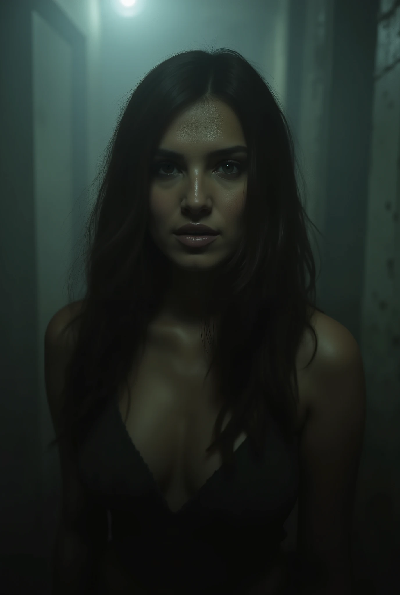 Young woman with ultra smooth brown hair in an outlast-type survival horror game, noite, Fog looking at the camera 