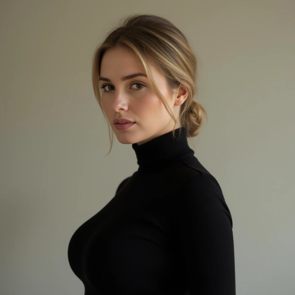 iphone 16 real photo of a 45 years old woman in high-neck black luxury dress, standing far from the camera,