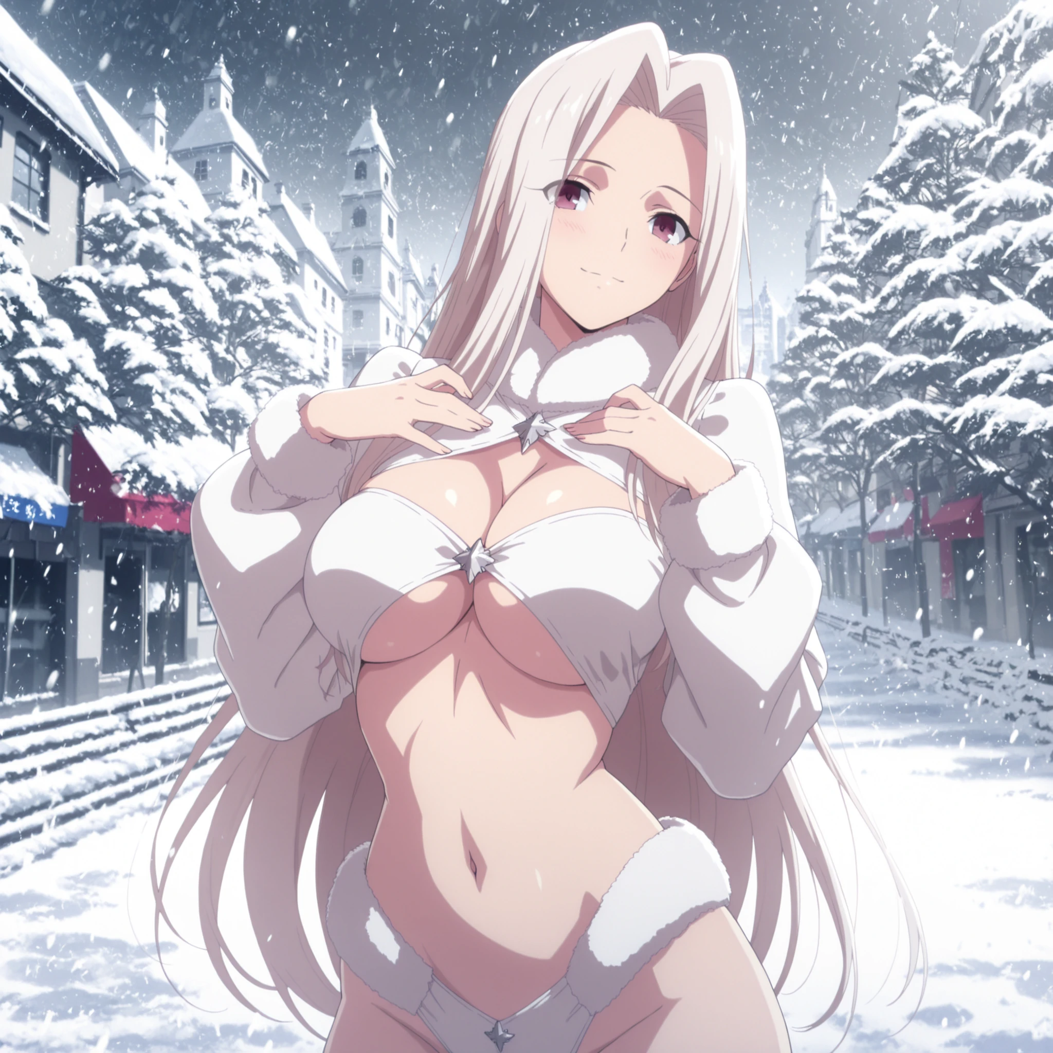 4k,masterpiece, highly detailed, solo, woman, voluptuos body,  pose, soft smile, revealing winter outfit , snowing city location