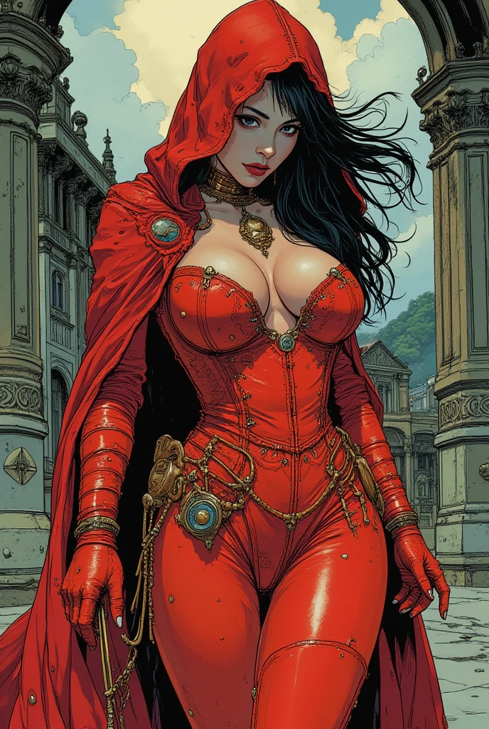 (masterpiece, top quality, best quality, official art, beautiful and aesthetic:1.2), (1girl:1.3), long and curly dark brown hair, extremely detailed, portrait, looking at viewer, solo, (full body:0.6), detailed background, close up, mischievous eyes, (warm summer castle theme:1.1), sorceress, charlatan, smirk, mysterious, walking in courtyard, revealing ((dark red)) sorcerer attire, red knee-length red skirt, off shoulder, straps, long sleeves, loose sleeves, cloak, corset, black leggings, black trousers, black pants, long brown boots, buckles, straps, pouches, (glowing magical energy, casting a spell), red fabric, white trim, ((((gigantic breasts, cleavage, skindentation)))), slim waist, slim hips, long legs, medieval (castle exterior:1.1) background, dark mysterious lighting, shadows, magical atmosphere, dutch angle