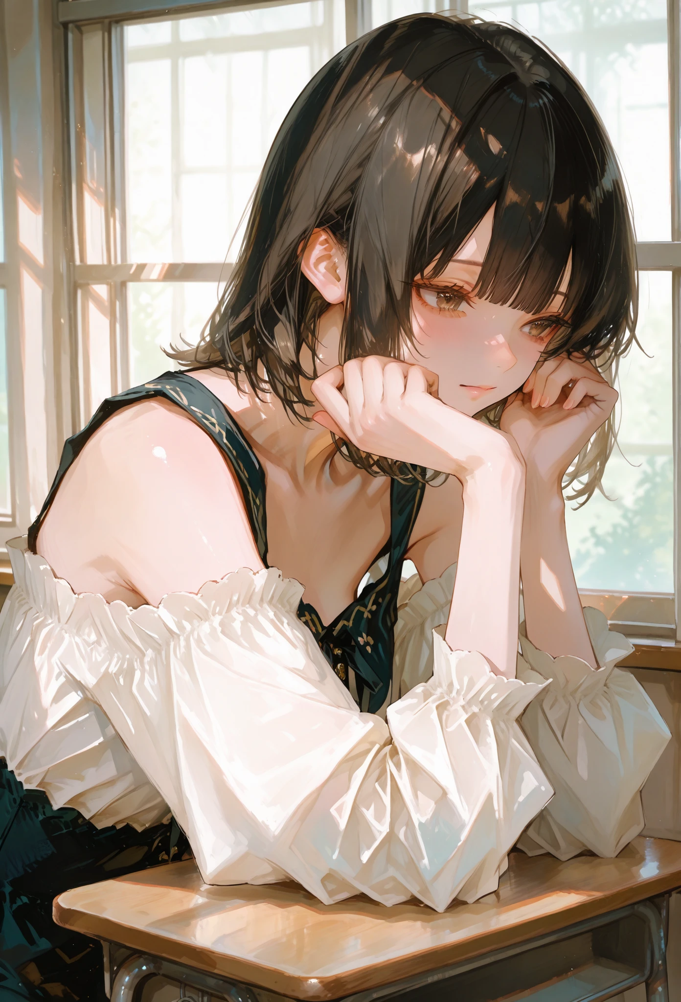 (small :1.3), ( :1.1), (pointed :1.0), (fashion magazine cover:1.3)，(from below:1.0),(from side:0.9),masterpiece, 1girl, Amazing :1.1, thin waist, big , Raised , small : 1.3, posed :1.2、solo, looking at viewer, open mouth, have a cute grass of cute beergrass,black hair, dark green eyes, dress,  shoulders, jewelry, collarbone, sidelocks, hairband, earrings, indoors, off shoulder, :o, sweater, arms behind back, plant, short hair with long locks, gild hairband, off-shoulder dress, sweater dress, off-shoulder sweater, red sweater, dark gord hair, big side hair, very long side hair,is rendered in (masterpiece: 1.2, best quality), with (ultra high resolution) and an exquisite (depth of field). This masterpiece is not only visually stunning but also tells,A scene of cooking in the kitchen by classroom
