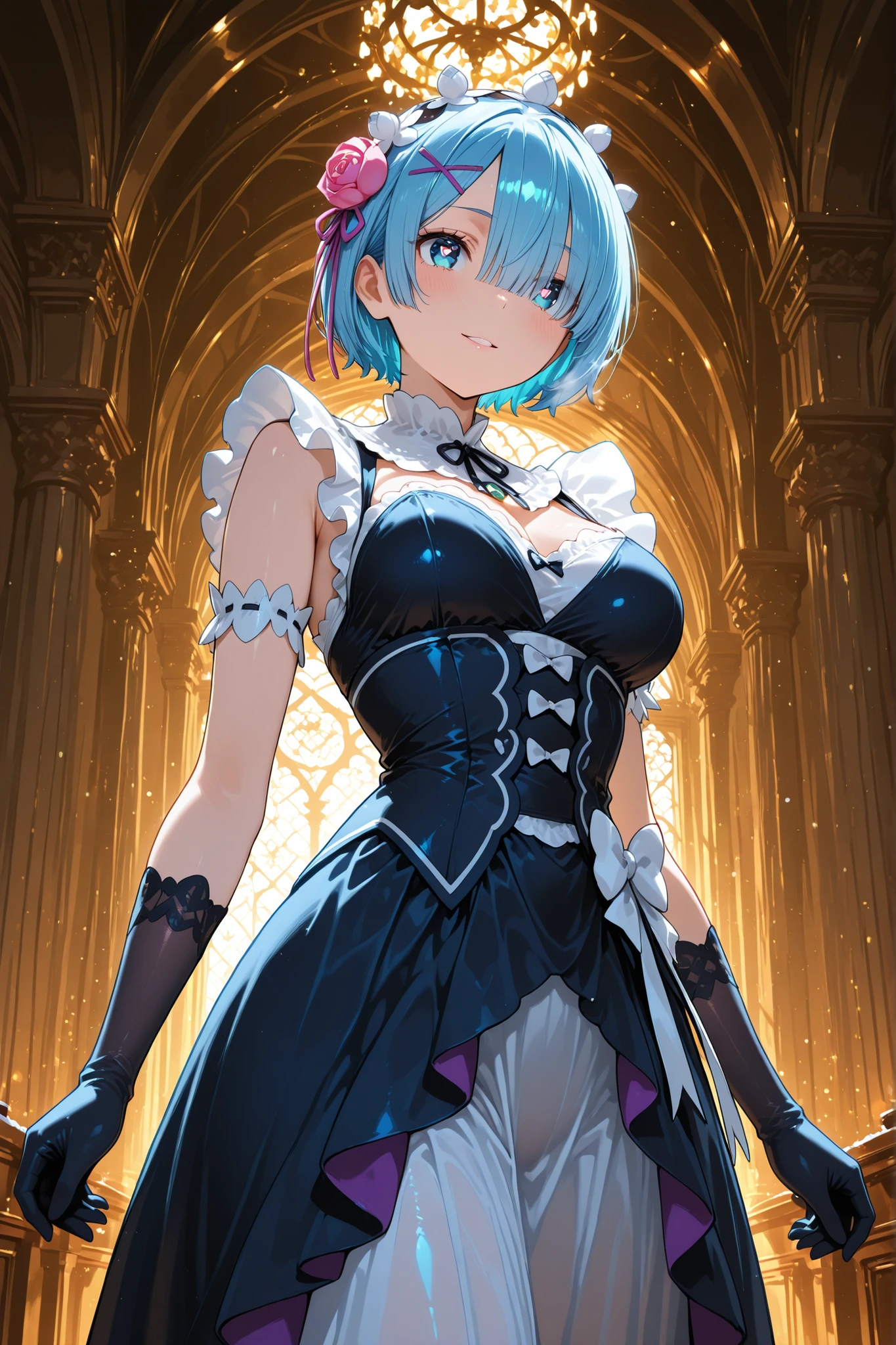 ,masterpiece,4K,1 girl,better quality,great quality,very beautiful,solución extmadamente alta,Newest, cute girl playing with snow, ,Eye color is green/Blue, highly detailed sleeveless evening dress, with extra long velvet gloves ,entlaza sus manos acariciando sus guantes, (optical lighting 1.3) partículas en el ai, flower decoration in the hair. (highly detailed hair) heart-shaped pupils, m (:zero),short hair, blue hair, hair ornaments, ribbon, maid headdss, hair,