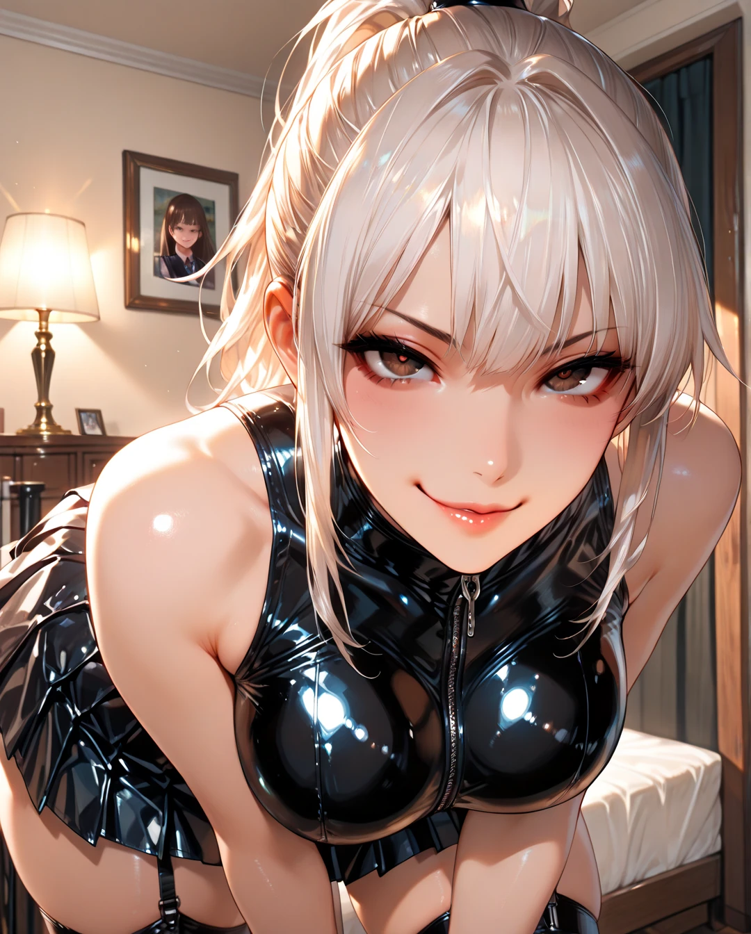 Highest quality、、(????? girl)、tights、High heels、Glossy ????? Suit、Show Viewer、Angle ???????????、((????????????))、smile、Futuristic Living Room、indirect lighting、Room with houseplants、Illuminations of the city can be seen from the window、Night view、Silver short hair、Beautiful Eyes、Beautiful Face、Delicate eyes、((???? close-up))

