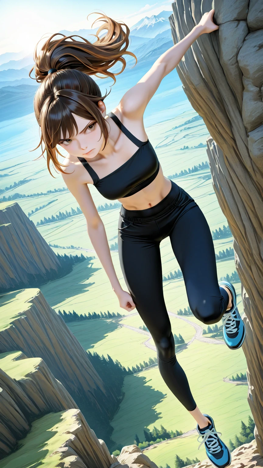 masterpiece、highest quality、High resolution、Very detailed、Medium wide shot、Mature Woman、Rock climber、Climbing the rocky mountain、Dynamic landscapes、Angle from above、Tank top、Shorts、Sweat、