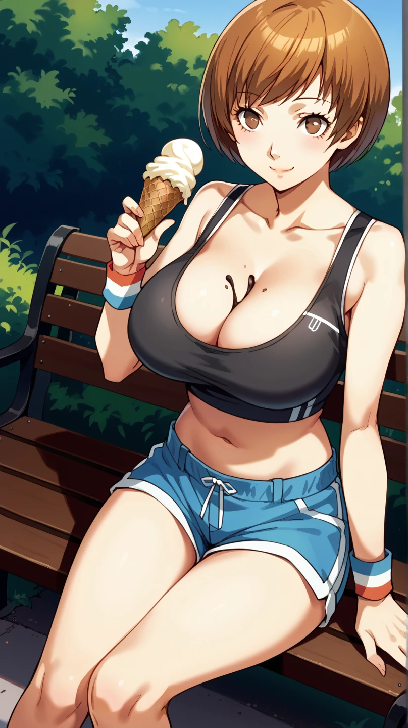 ((Masterpiece)), perfect anatomy, perfect shading, field of depth, (best quality), extremely delicate and beautiful, perfect lighting, detailed face, ultra cute face, cute, (1girl), (solo),

short fluffy brown hair, ponytail, green eyes, ((blush)), embarrassed, looking at viewer, crop top, shorts, cleavage, medium breasts, ((thick thighs)), ((wide hips)), fat ass, chubby, 

intricate background, detailed background, park, standing, holding ice cream,
