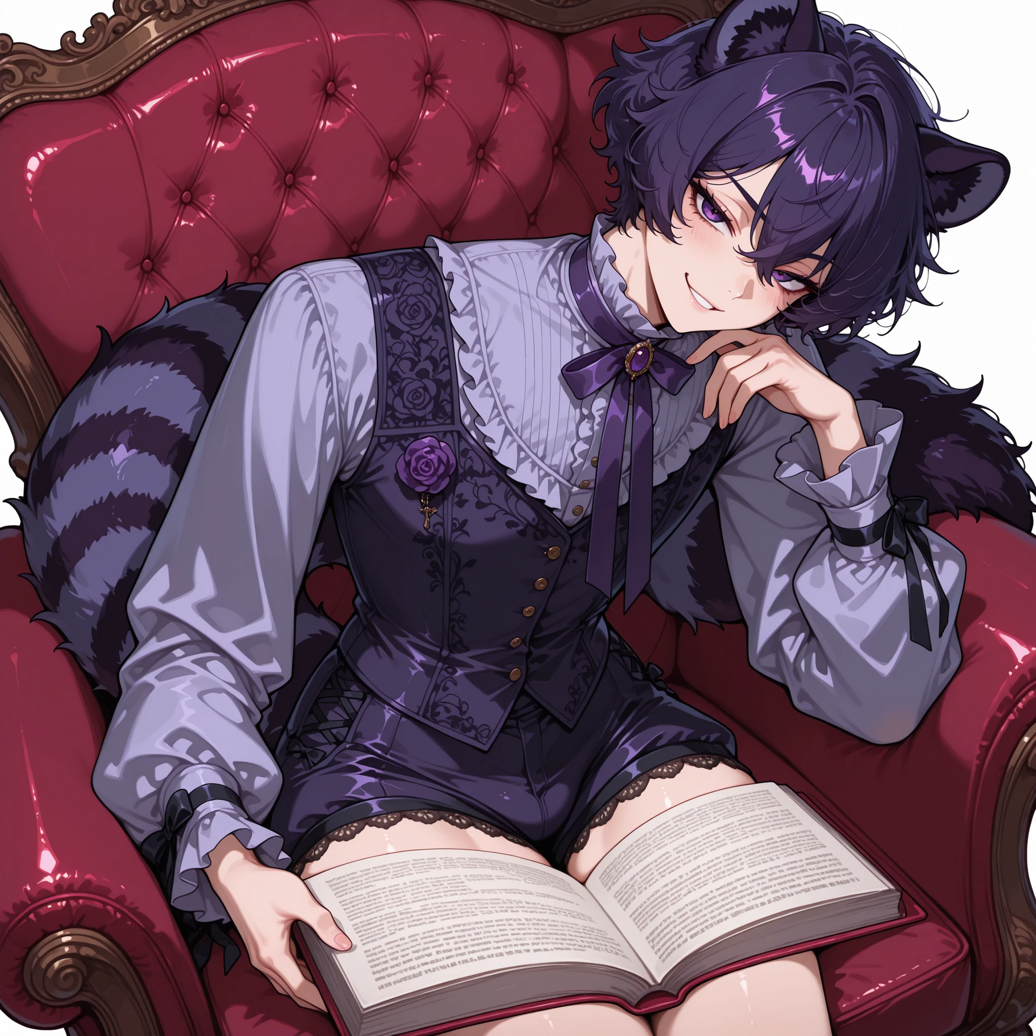 1man, femboy, feminine, slutty, short fluffy hair, dark purple hair, dark purple eyes, dark purple raccoon ears, flirtatious, detailed eyes, small head, flat , dark purple raccoon tail, mischievous, , simple white background,, long sleeved frilled purple collar shirt, black intricately designed vest, puffed black victorian shorts, ouji fashion, victorian gothic fashion, smirking, sitting in an ornate armchair, reading a book, from afar
