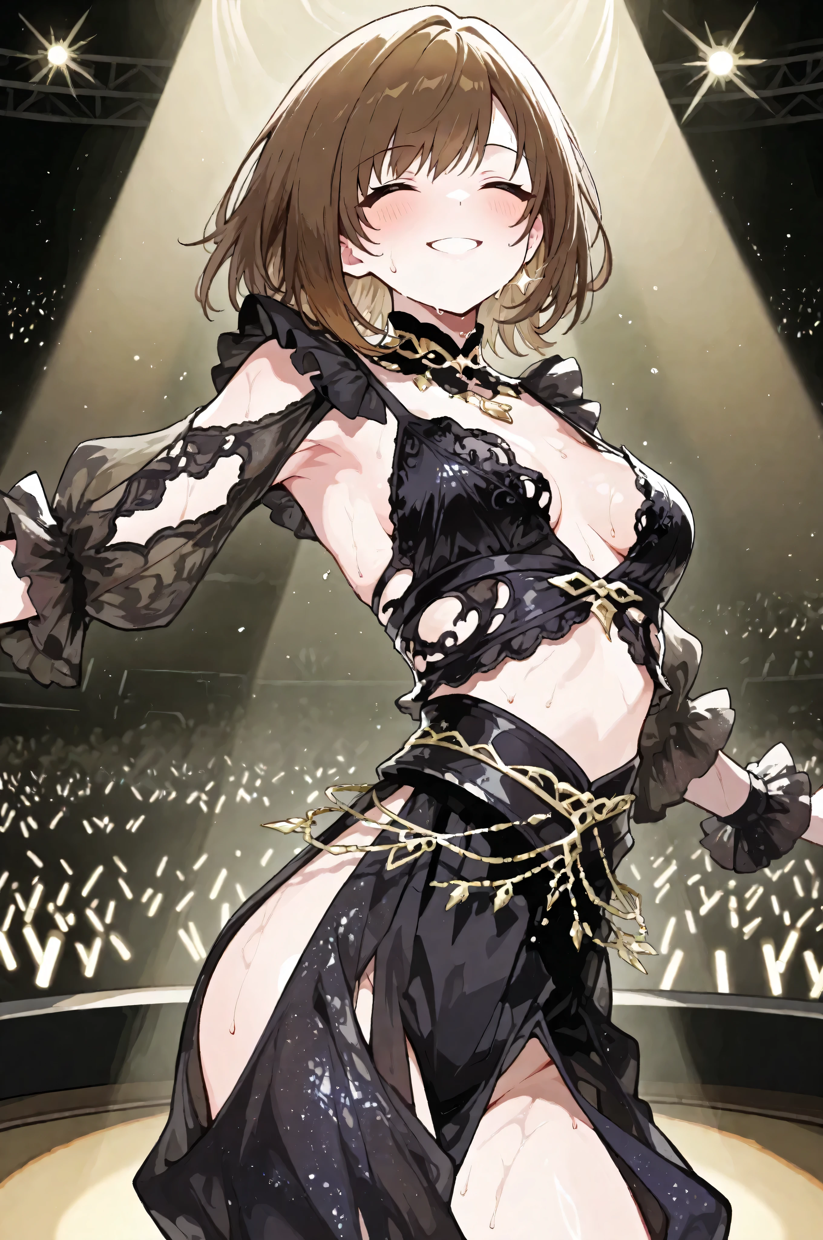 top quality, masterpiece, 1girl, idol, Stage,  dance, (Sheer Outfit:1.8), Dynamic, sweat, shines, jump, Air Posture, (Smile Yan:1.3), spotlight, audience, Enthusiasm, dreamy, no panties, no bra