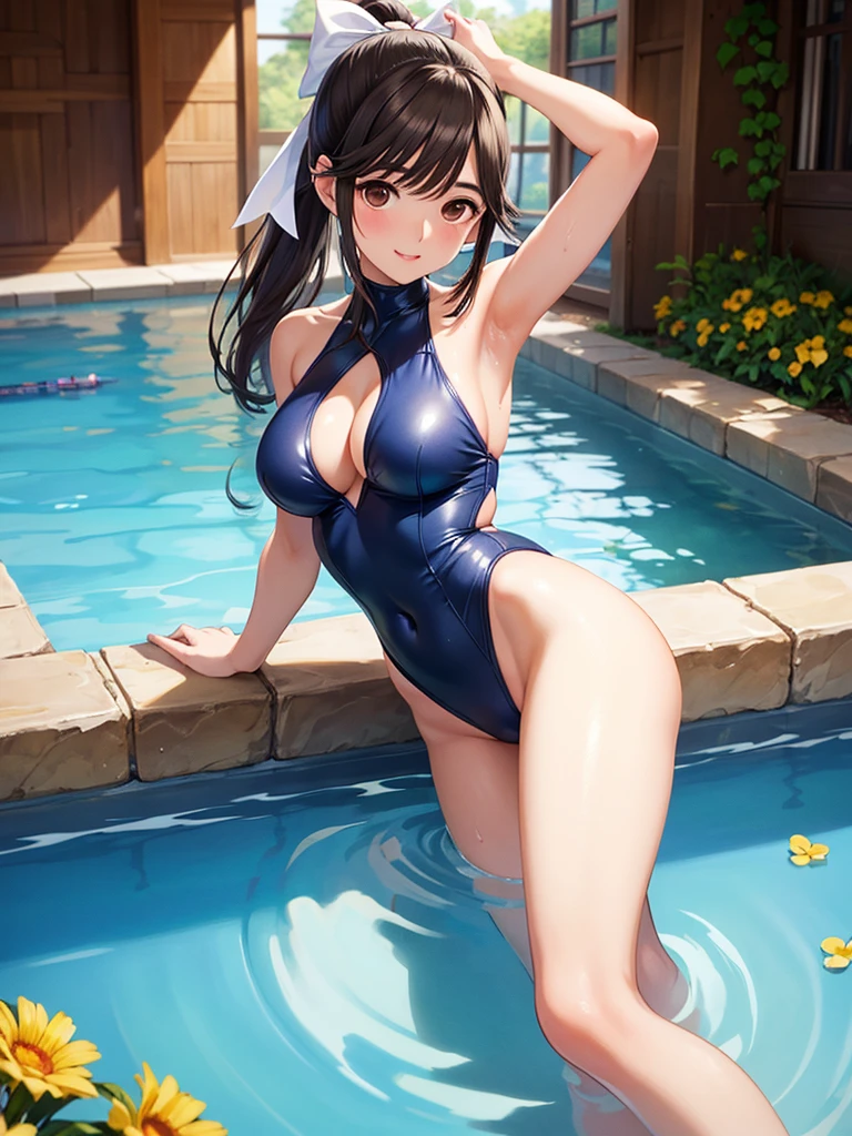 Hot water dripping swimsuit woman、color pastel、smile on face、Scarabeleploid、Half French and half Japan、pool-side、Face up --auto