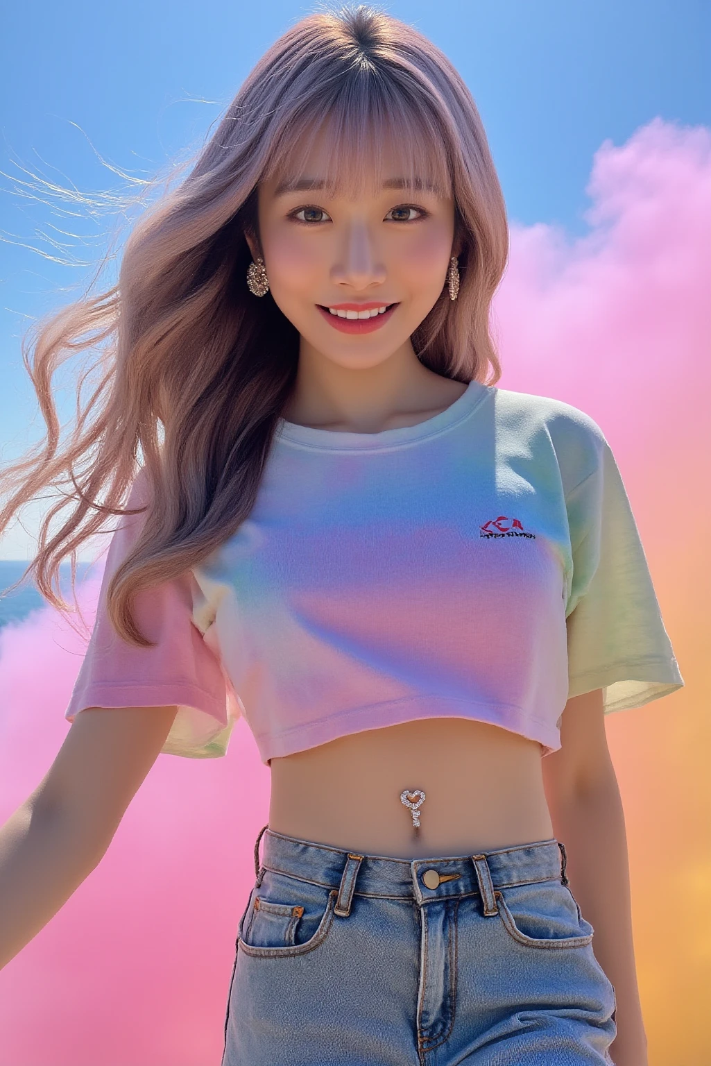 highest quality、4K、Generate a hyper-realistic image of a beautiful woman posed dynamically among colorful, whimsical balloon-like shapes. She is wearing a bright yellow fitted t-shirt and denim short shorts, accentuating her playful and youthful look. Her outfit is complemented by shiny yellow high-heeled boots. Her hair is styled in soft waves, partially up, and she has a thoughtful yet alluring expression. The background is a vibrant orange, adding a lively and energetic feel to the image. Ensure the balloons are in shades of blue, pink, and purple, with heart and star decorations to enhance the fun and festive atmosphere."
