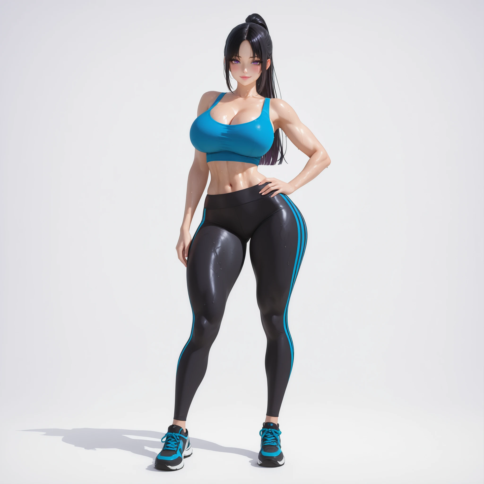 masterpiece, ultra-HD, impressionism, high detail, best quality, very aesthetic, 8K, best quality, beautiful, ultra-high resolution, 32K UHD, sharp focus, 3D, 1woman, solo, long hair, black hair, straight hair, ponytail, parted bangs, almond-shaped eyes, purple eyes, eyelashes, black eyeliner, full pink lips, makeup, , narrow waist, wide , thick thighs, shapely legs, slim, toned, blue crop top, cleavage, black leggings, sweaty, blush, smirk, cute, sweaty, hand on , standing, full body, looking at the viewer, simple background, front view