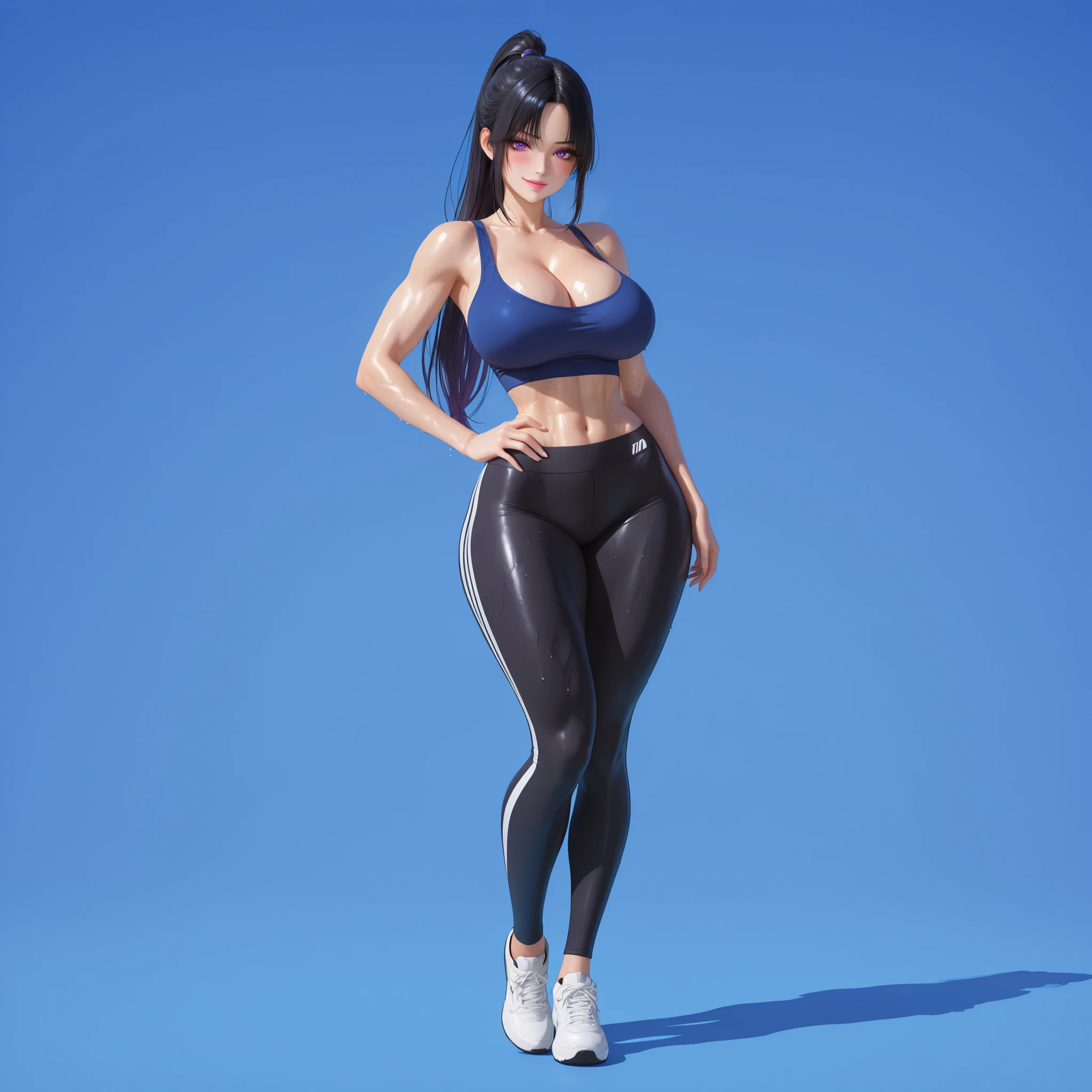 masterpiece, ultra-HD, impressionism, high detail, best quality, very aesthetic, 8K, best quality, beautiful, ultra-high resolution, 32K UHD, sharp focus, 3D, 1woman, solo, long hair, black hair, straight hair, ponytail, parted bangs, almond-shaped eyes, purple eyes, eyelashes, black eyeliner, full pink lips, makeup, , narrow waist, wide , thick thighs, shapely legs, slim, toned, blue crop top, cleavage, black leggings, sweaty, blush, smirk, cute, sweaty, hand on , standing, full body, looking at the viewer, simple background, front view