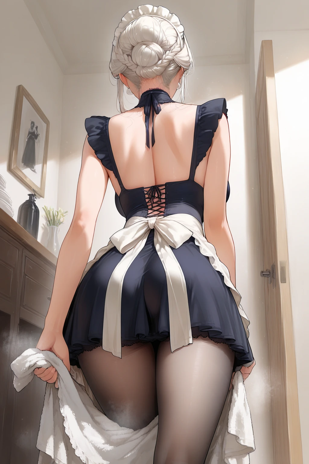 masterpiece, best quality, ultra detailed, 1girl, dark skin, twin tails, ,maid clothes ,panties under pantyhose, ,　leaning forward, ,looking_through_legs, looking back, , 