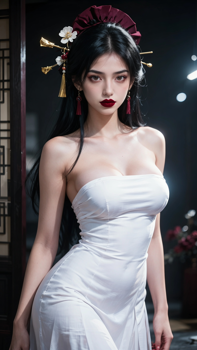 masterpiece, best quality, High resolution, 4K, Official Art,,An adult female，girl, full_breast, Plain tulle Hanfu，Amorous，Ink background，Ink splashes，The headdress is complex