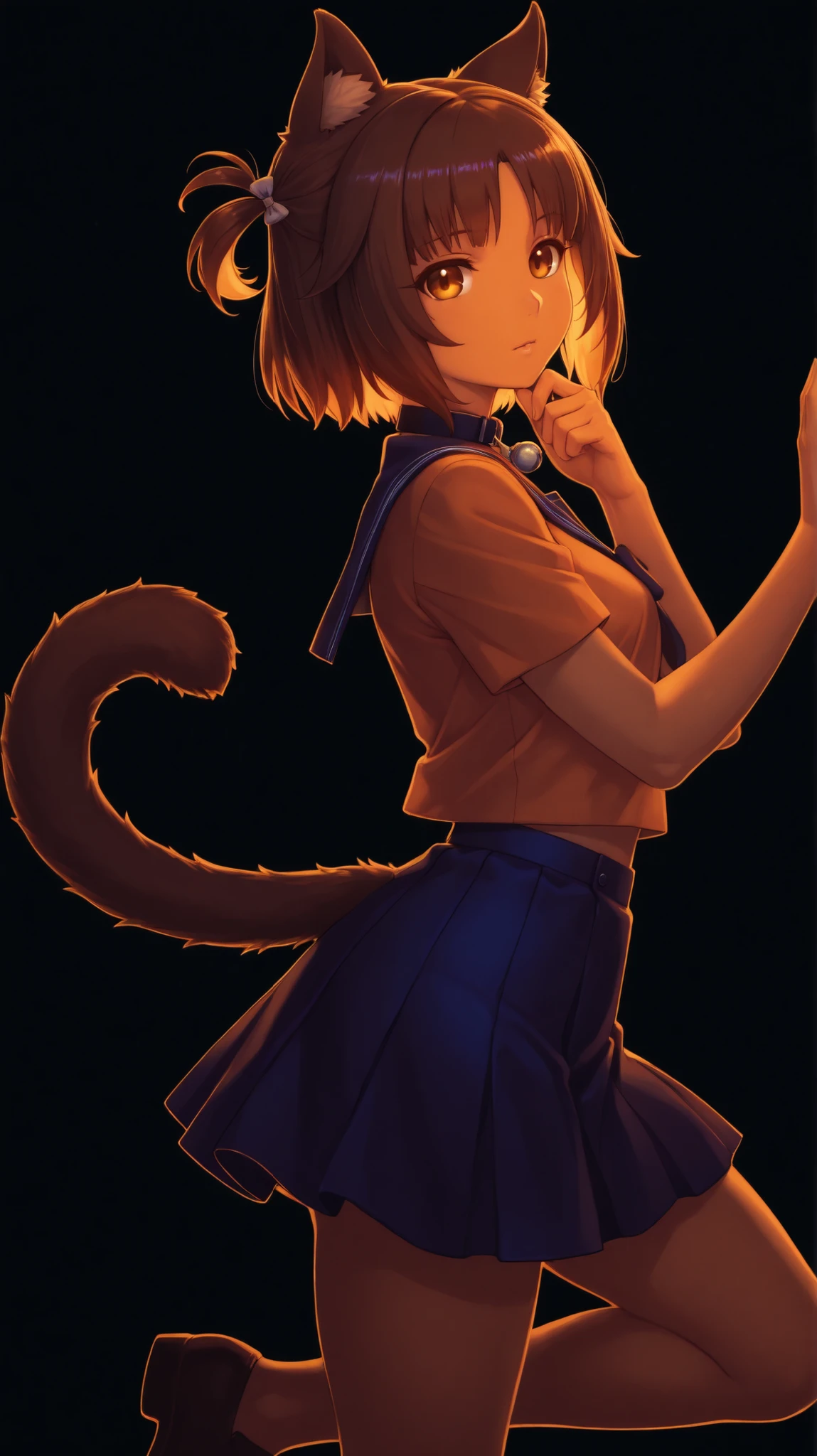 (masterpiece, best quality, absurdres, highres, 1girl,
azuki, azuki (nekopara), short hair, brown hair, hair ornament, animal ears, brown eyes, cat ears, two side up, mature female, small , anime screencap, skirt, tail, serafuku, collar, blue skirt, bell, jingle bell, neck bell,, giuseppe zanotti spring summer 2009, solo, leg up, hands up, feet out of frame, hand on own chin, lookin at viewer, standing on one leg , (limited palette:1.4), vector trace, black background, colorful, (vibrant, glowing outline, neon hair, blacklight:1.2), looking at viewer, (side view:0.1), orange theme,