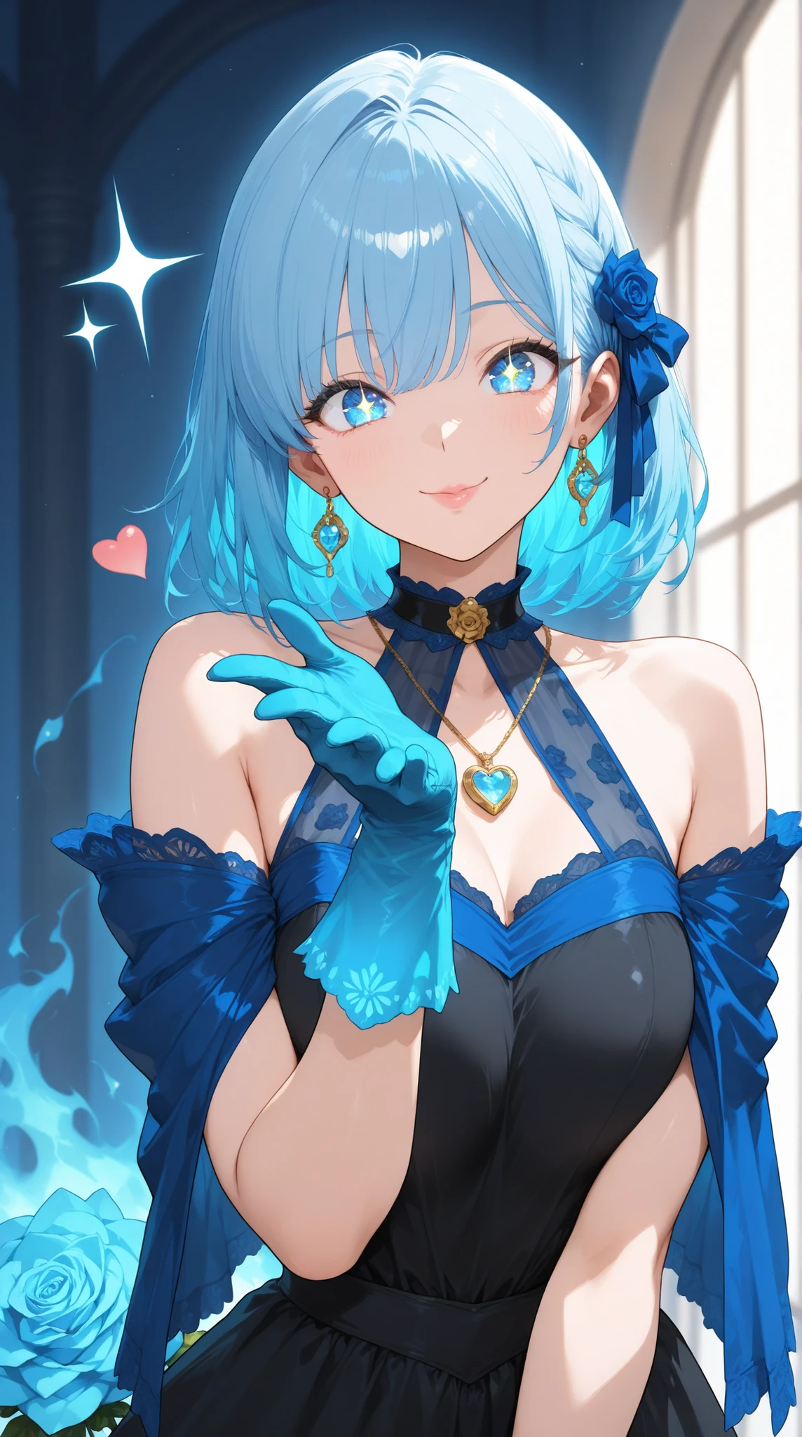 A gorgeous woman, with a glowing blue eye, close up shot, blowing a kiss, blue aura in the fingers, wearing velvet gloves to hands, blue gloves, sparkling eyes, wearing a cosplay cloth of blue, a form-fitting, halter-style black dress that shows off her shoulders and chest, with a choker with square holes and a golden rose pendant, normal smile, beautiful eyelashes, soft pink lips, highest resolution, best image quality