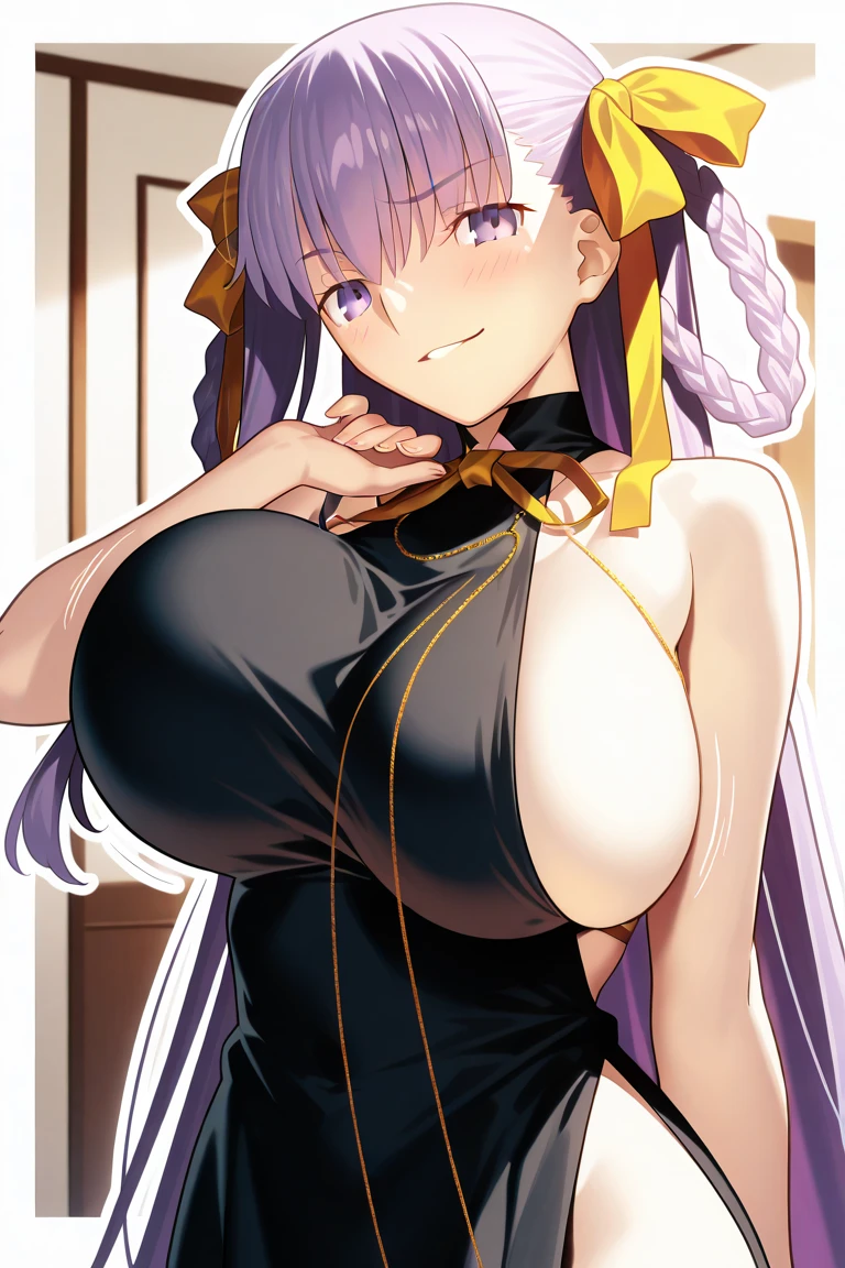 masterpiece, best quality, 1girl, 2boys, BBDubai, purple eyes, long hair, purple hair, braided hair rings, hair ribbon, yellow ribbon, black dress, deep neckline, halter dress, sideless dress, sleeveless dress, jewelry, golden jewelry, side slit, servants holding aphrodite's breasts \(meme\), breast lift, pant suit, groping from behind, smile, smug, <lora:ChamBBIllustriousXL:1>