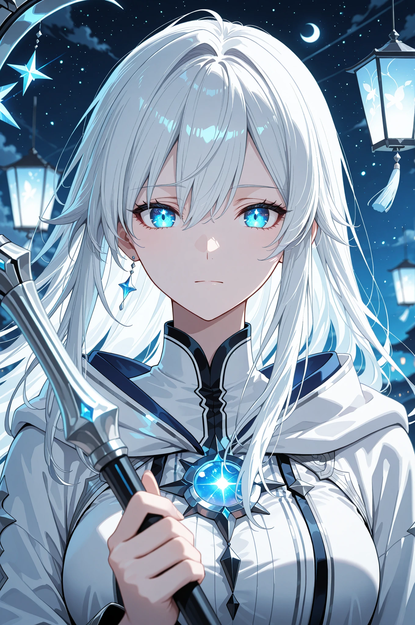 (masterpiece, best quality, ultra-detailed, anime style, 8k), close-up portrait of a female moonlight mage, silver-white hair flowing gently, wearing a flowing pale blue and silver robe with moon motifs, holding a crescent-shaped staff emitting soft silver light, glowing magical particles drifting around, soft moonlight illuminating her serene face, reflective eyes with tiny stars, calm and ethereal expression, soft rim lighting, shallow depth of field, blurred night sky with floating lanterns in the background, cinematic composition, mystical and elegant anime aesthetic