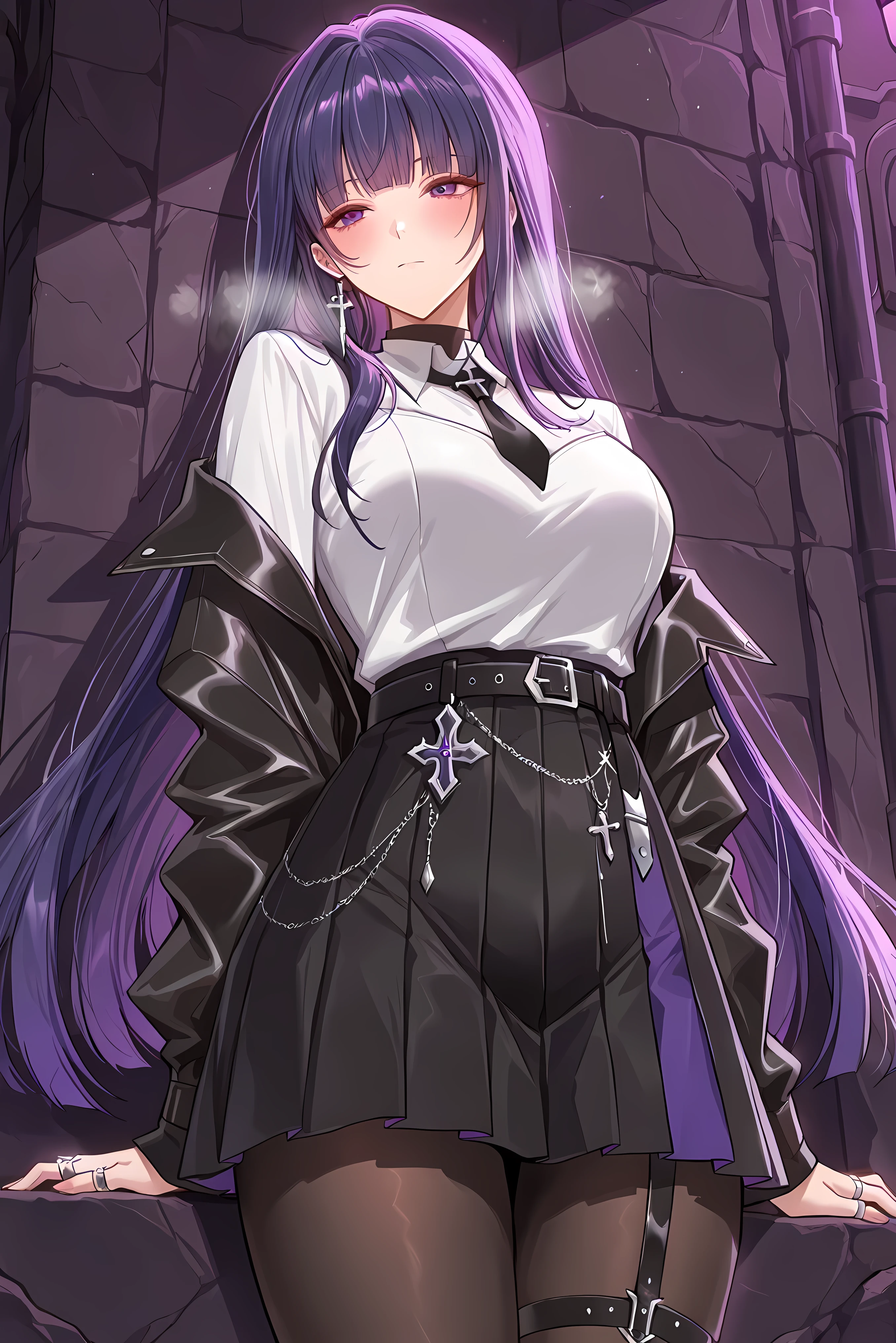 score_9, score_8_up, score_7_up, masterpiece, best quality, very aesthetic, absurdres, tunning image, attractive image, 1girl, adult grown woman, solo,  MeiAPHO, purple hair, long hair, raiden mei, purple eyes, medium breasts, heavy breathing, closed mouth, masterpiece,best quality,amazing quality, noona, ero404, perfect eyes, alternate costume, black leather jacket, white shirt, black tie with cross chain, pleated mini skirt, belt chains, edgy accessories, layered silver rings, rebellious street style, dark aesthetic, punk goth fashion, monochrome palette, knee straps, underground vibe, pantyhose,