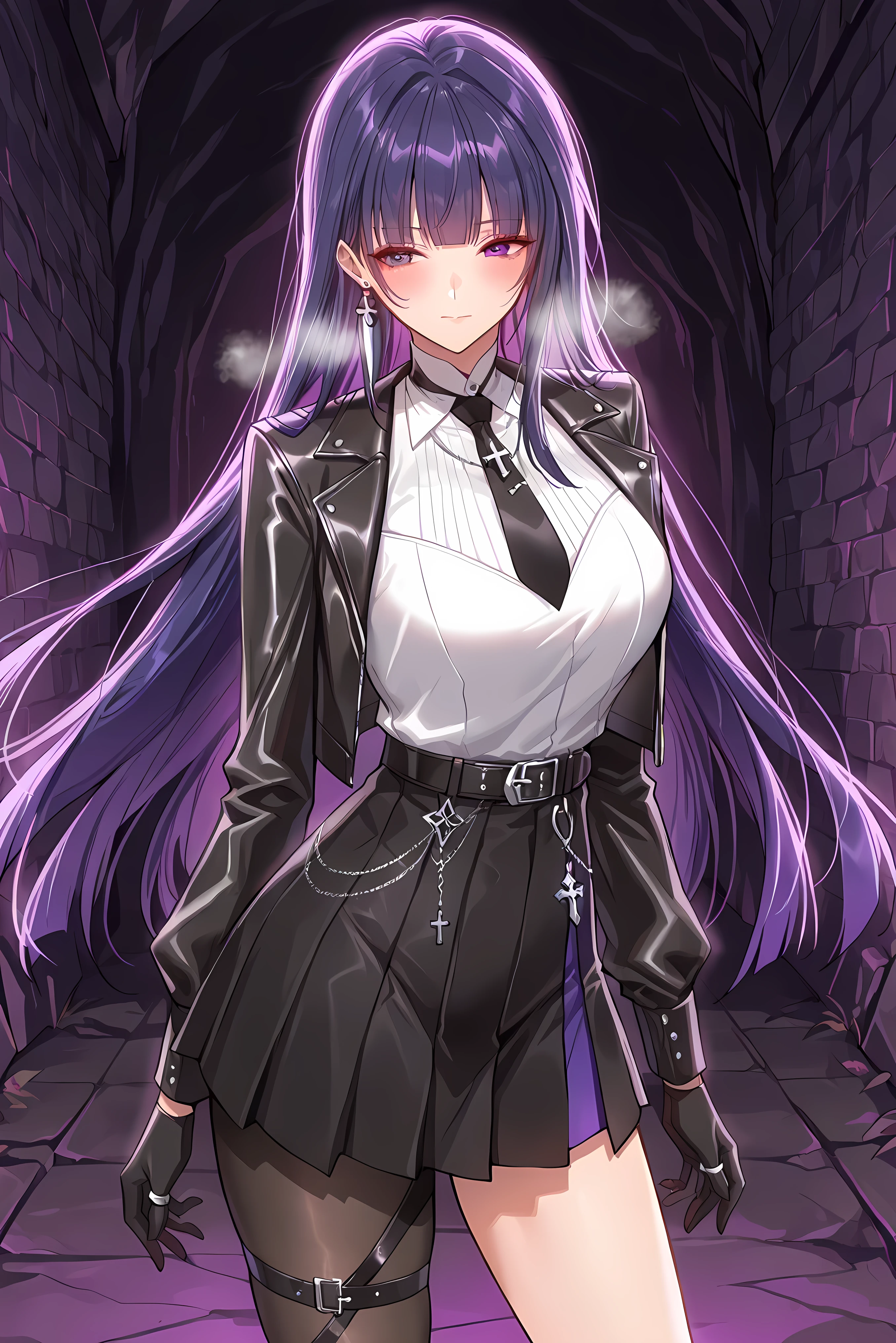score_9, score_8_up, score_7_up, masterpiece, best quality, very aesthetic, absurdres, tunning image, attractive image, 1girl, adult grown woman, solo, MeiAPHO, purple hair, long hair, raiden mei, purple eyes, medium breasts, heavy breathing, closed mouth, masterpiece,best quality,amazing quality, noona, ero404, perfect eyes, alternate costume, black leather jacket, white shirt, black tie with cross chain, pleated mini skirt, belt chains, edgy accessories, layered silver rings, rebellious street style, dark aesthetic, punk goth fashion, monochrome palette, knee straps, underground vibe, thigh strap, single leg pantyhose, elegant pose, velvet gloves
