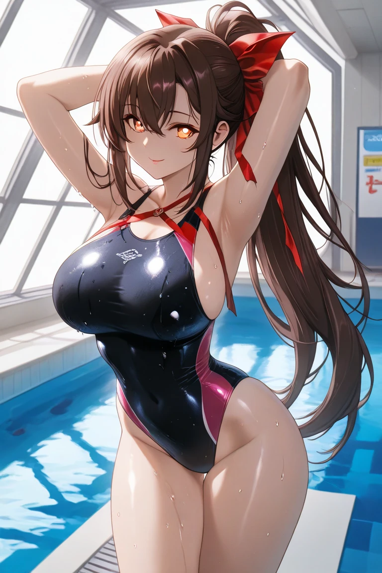 (Very detailed, highest quality, Anatomically perfect body), One girl, Anime Girls, Brown long hair, Brown eyes, Pink Glasses,heart shaped pupils,Sunburned skin, Large Breasts,beautiful breasts,pointy breasts,(Big Ass),gold highleg swimsuit,swimming,(open legs),smile,(In the water:1.1),Dynamic pose,