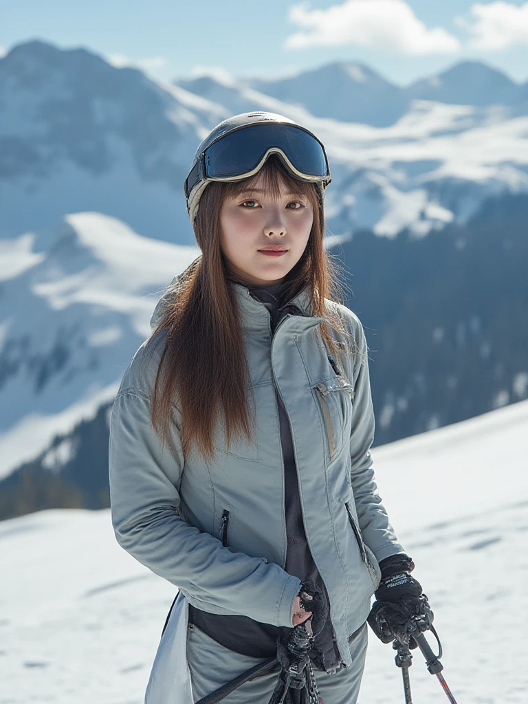 (high quality:1.5), (((8k))), (Masterpiece), work of art, extremely detailed, (High detail:1.2), Solo, (HotLexi Woman)), 24 year old Asian female, ((perfect )), (In a snowy field and a wooden hut behind), (Skiing cold clothing and snow goggles),