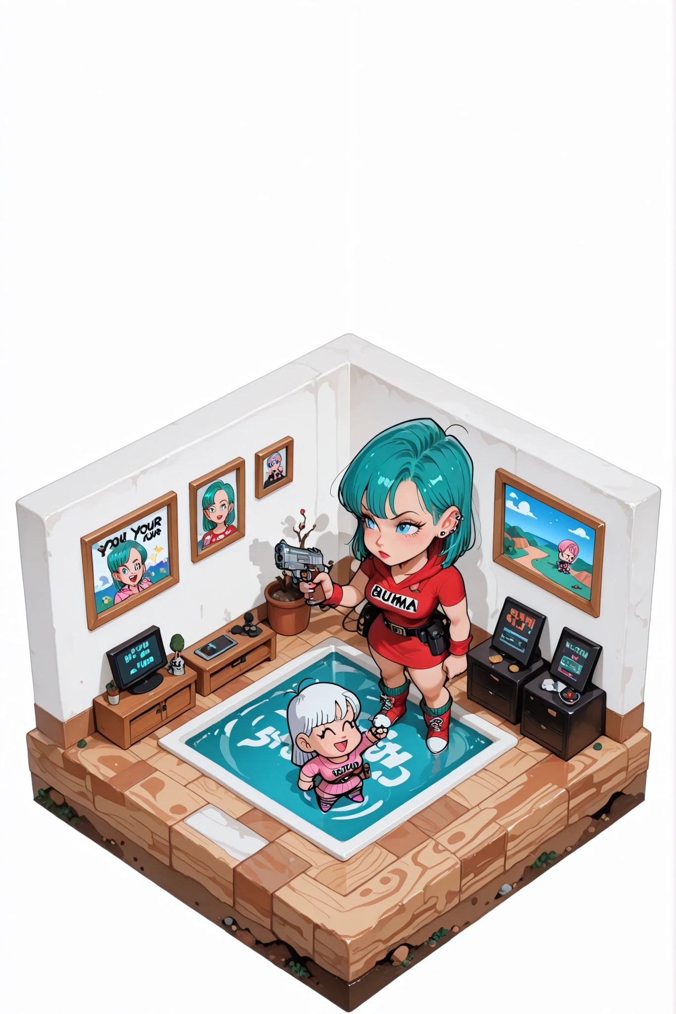 Bulma, ear piercing and your pistol in your hand in drawing "Chibi", white scenery with character shadow, Isometric image
