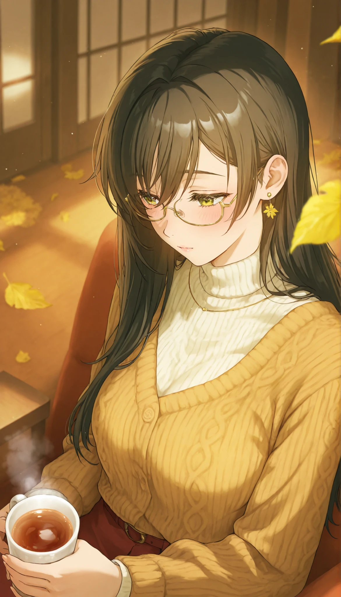  Ginko Namiki　Yellow Leaf 　Open Terrace　Drinking tea　girl with glasses　long black hair