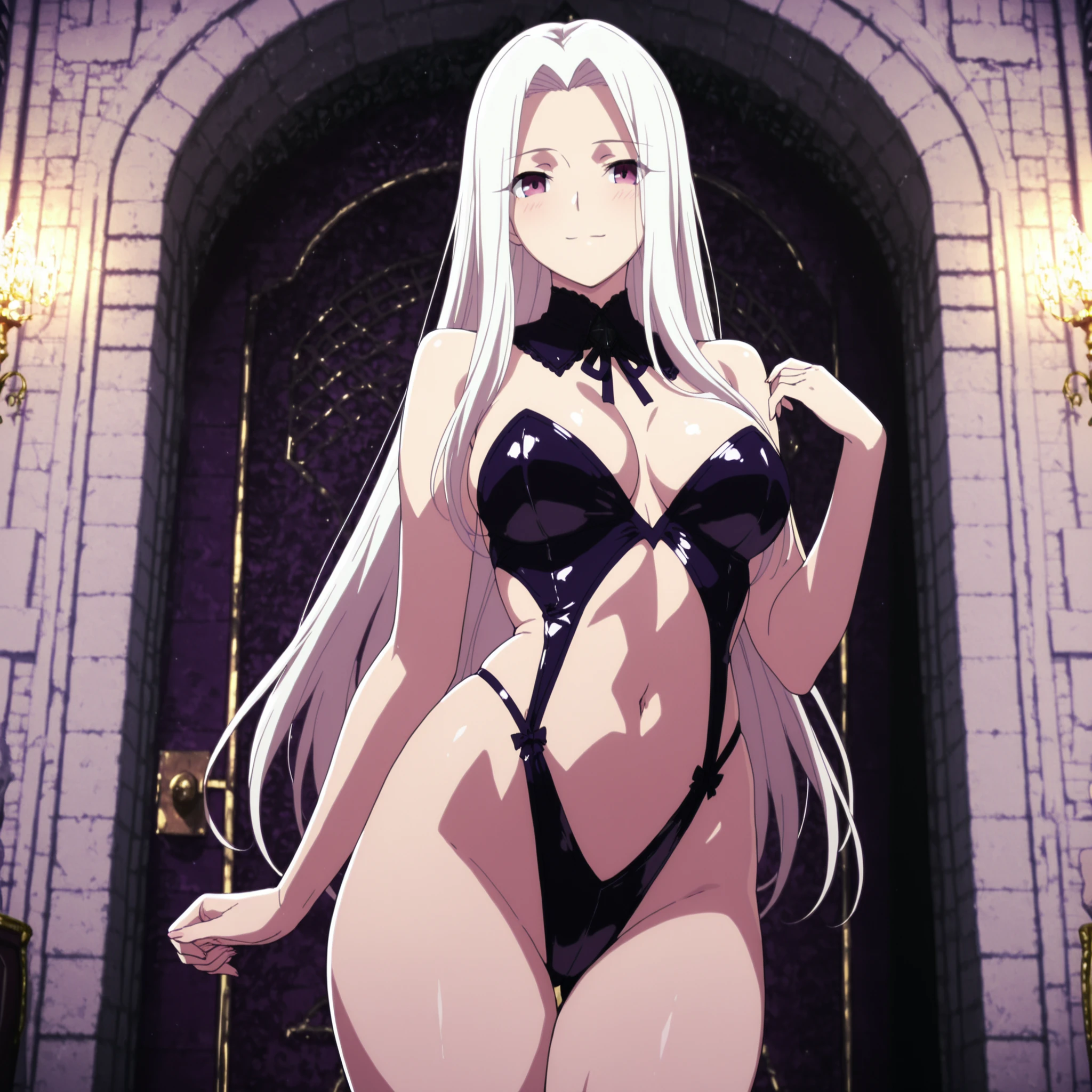 4k,masterpiece, highly detailed, solo, woman, voluptuos body, pose, soft smile, revealing night outfit , castle interior place