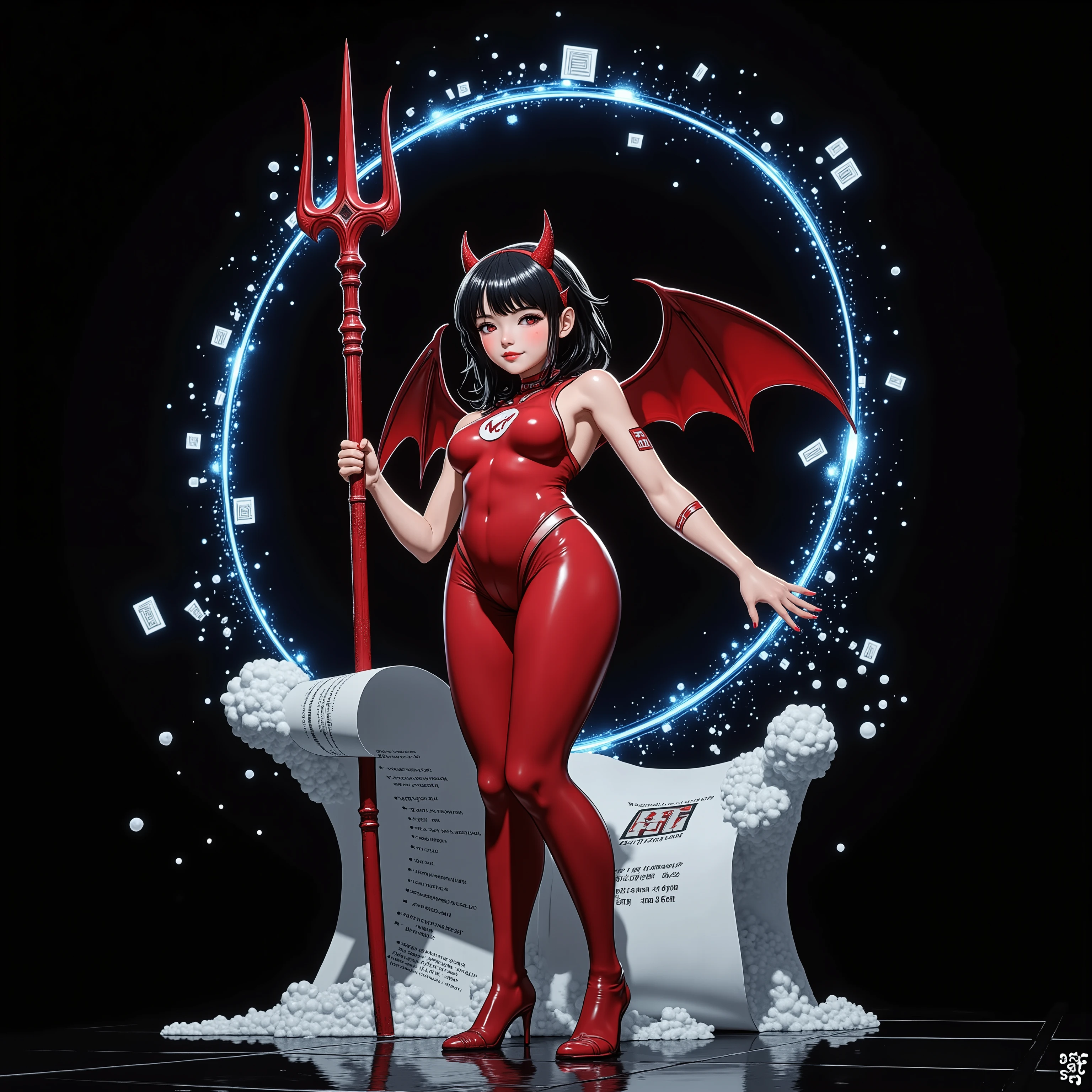 A KAWAII girl version of a "BSD daemon", a girl with a devilish smile, a red bodysuit, a pose with a distinctive trident, small devil wings, cute horn decorations, a black terminal screen background symbolizing a UNIX environment, floating strings of code, a hologram display of '/bin/sh', a costume design featuring the "BSD" logo, typical of a system administrator, a magic circle effect representing a daemon process, command lines fired from fingertips, a scroll-like manual page, UNIX commands scattered throughout, an item symbolizing hacker culture, a crown representing superuser authority, a technical and intellectual atmosphere, a fusion of digital and fantasy, the contrast of red and black, cyberpunk elements, modern tech aesthetic, kawaii daemon design, digital effects, Super-Detailed Rich Textures, Ultra-Fine HDR Commercial Photo . BSD stands for Berkeley Software Distribution