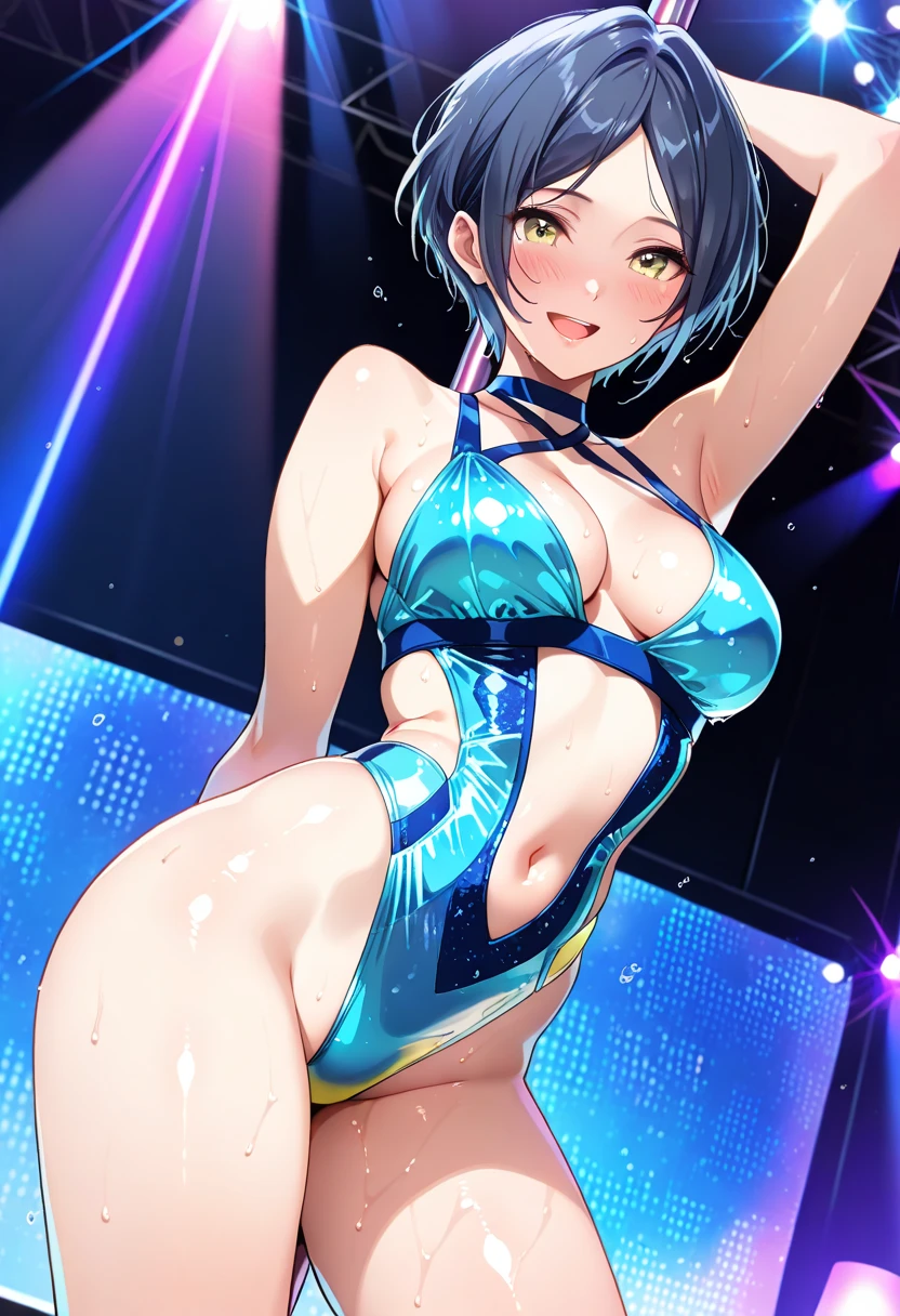 1girl,a beautiful fashion model ,(masterpiece, official art, best quality) (perfect eyes) , short and shiny dark blue hair, black streaks  in hair,  full lips, cute nose, medium , , elegant makeup, exhibitionism, ????? in public, , slim thighs, toned body, shiny skin, ???? pose,,(( (slender, skinny, slim))), gold hoop earrings, eyeshadow, cute face, (((girl with man))) embarrassed, coy, surprised, blush, glittery skin, girl dancing on stage, skinny thighs, narrow ????, skirt lift, red and silver OUTFIT, slutty top, abs, toned stomach, chloe price