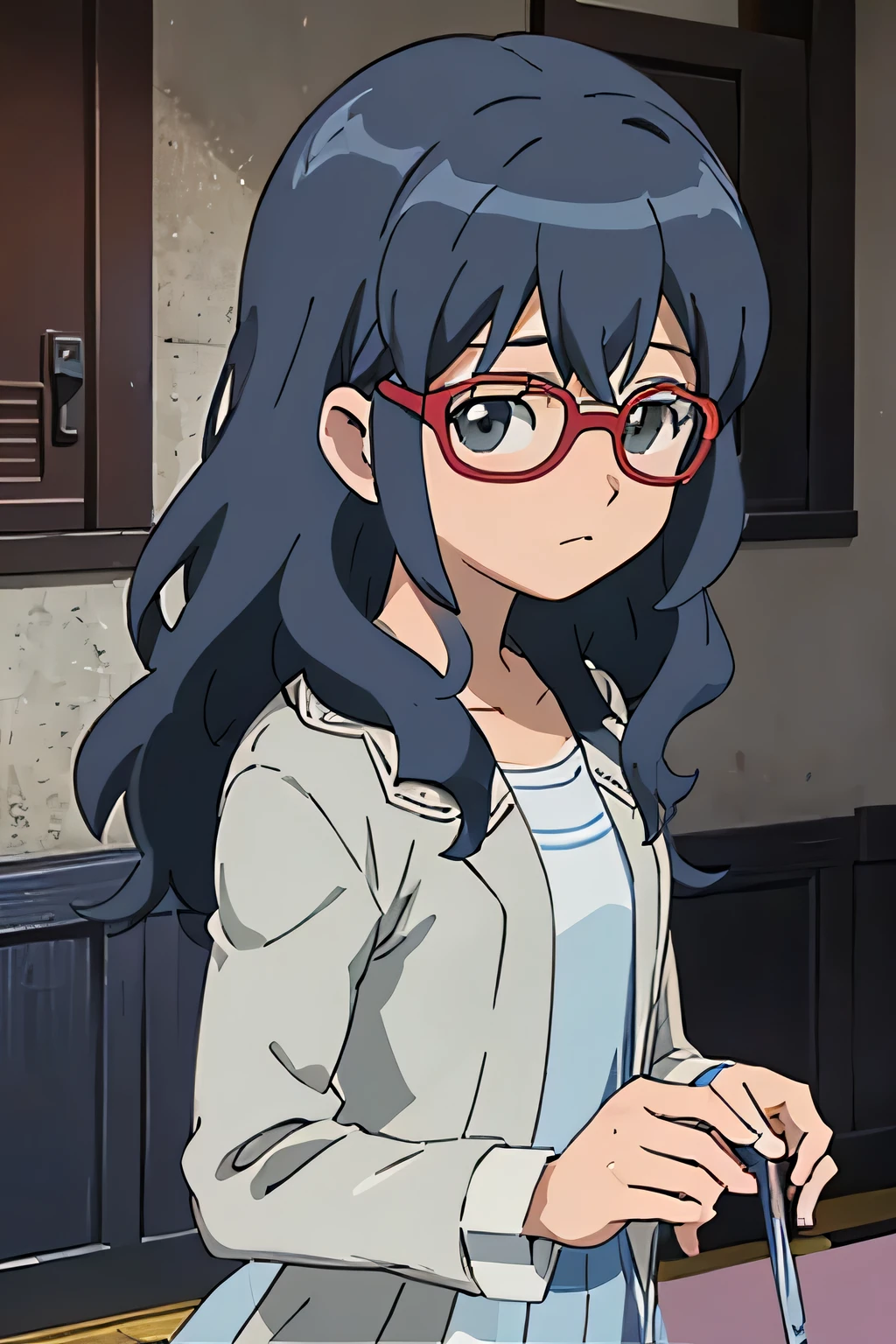 a girl with blue long hair, wavy hair, gray eyes, and a blue dress, magic girl, adult, Haruna Otonashi,detailed portrait,intricate facial features,elegant