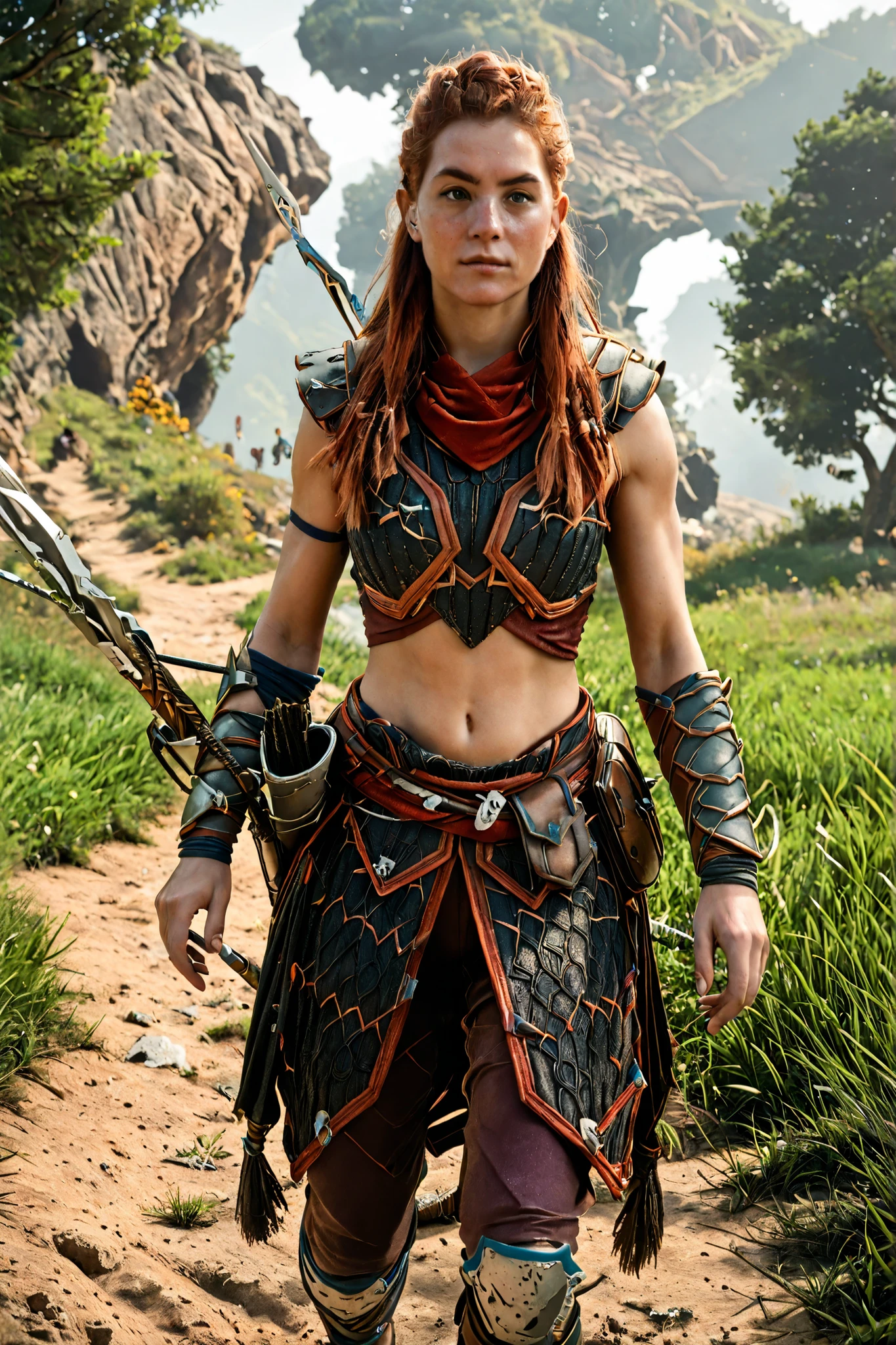 carja armor, navel,,Aloy, athletic abdomen. Scene: The young red-haired woman is driving a bladed spear into a metal sphere on the grassy ground with complex patterns of metal pieces and a circle with a bright perimeter as well as the lines of the red metal piece.