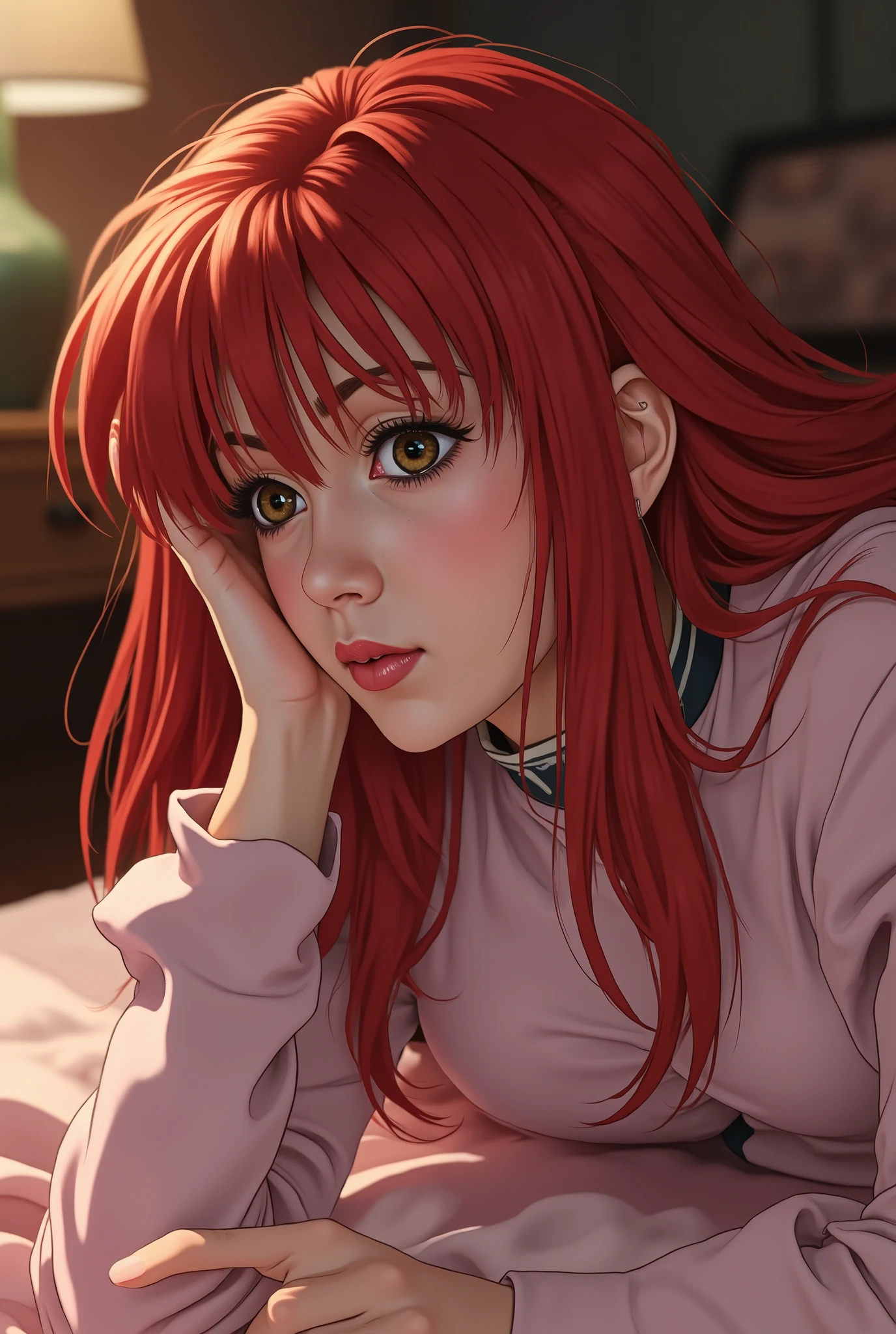 High Fine,8K,super realistic,Ultra Fine Texture,Professional,Vivid Colors,bokeh effect,Soryu Asuka Langley,uniform,on the bed,lying down,kiss face,it's embarrassing,cute,portrait taken by an expert