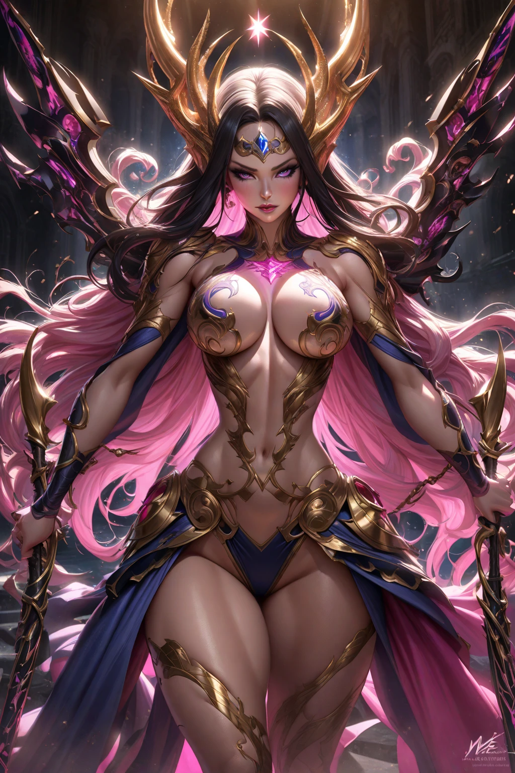Medusa, hair made up of pink snakes, reddish-white eyes, ultra-detailed sea surface, skull of reflection in her eyes, female symbolism in the center, well-structured female body, golden gems all over her body, cleavage --auto --s2