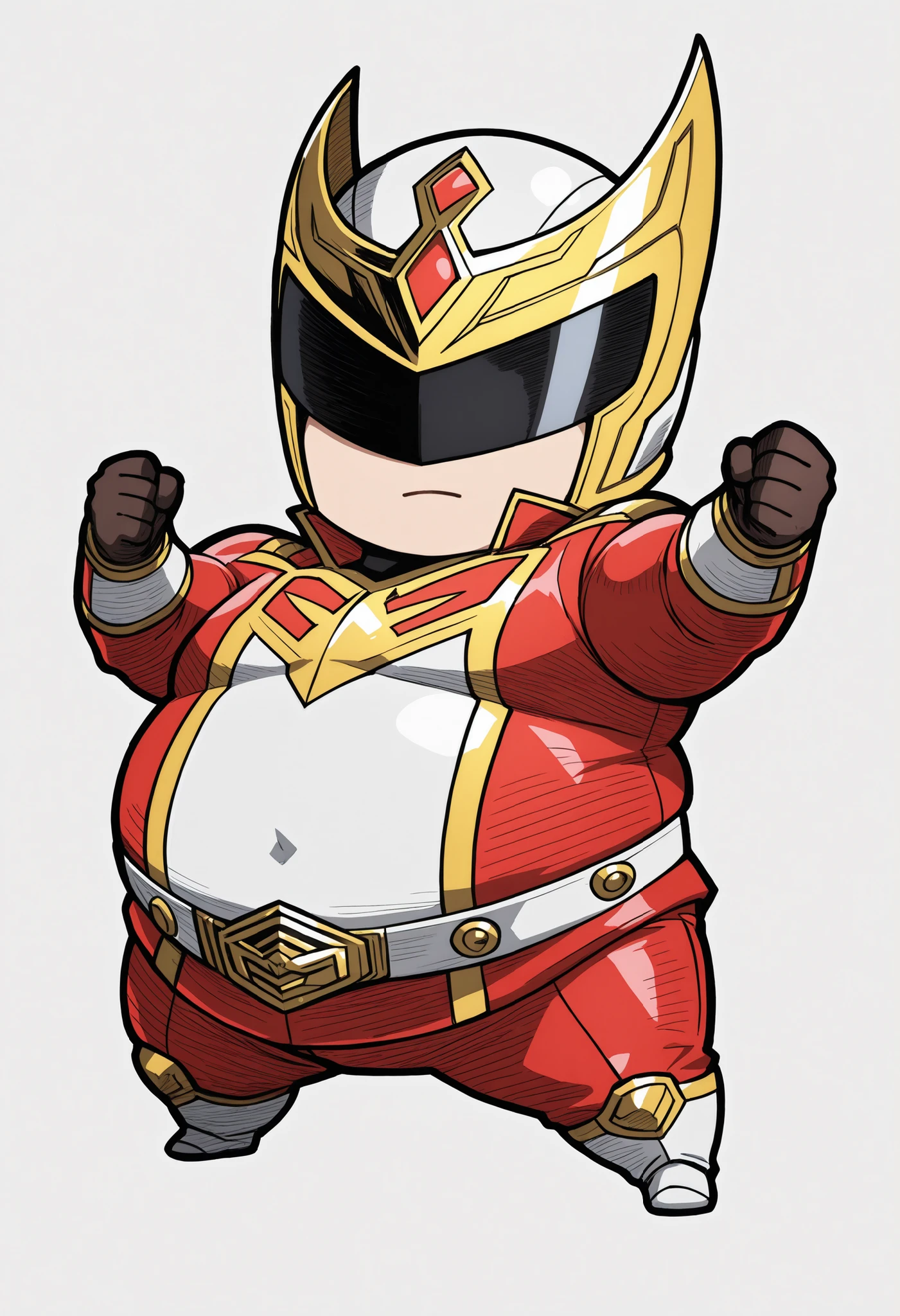bdchibi,full body,Chibi, bdchibi, full body, obese 100kg, red Sentai hero, pot belly, special effects style, red suit with gold accents, black visor helmet, heroic expressionless mask, muscular yet stylized body, action pose, hand-drawn anime illustration, sketchy line drawing, light hatching, dramatic shading, vibrant colors, clean white background, Japanese anime,
cel shading, anime color tone, bold outlines, dynamic heroic composition