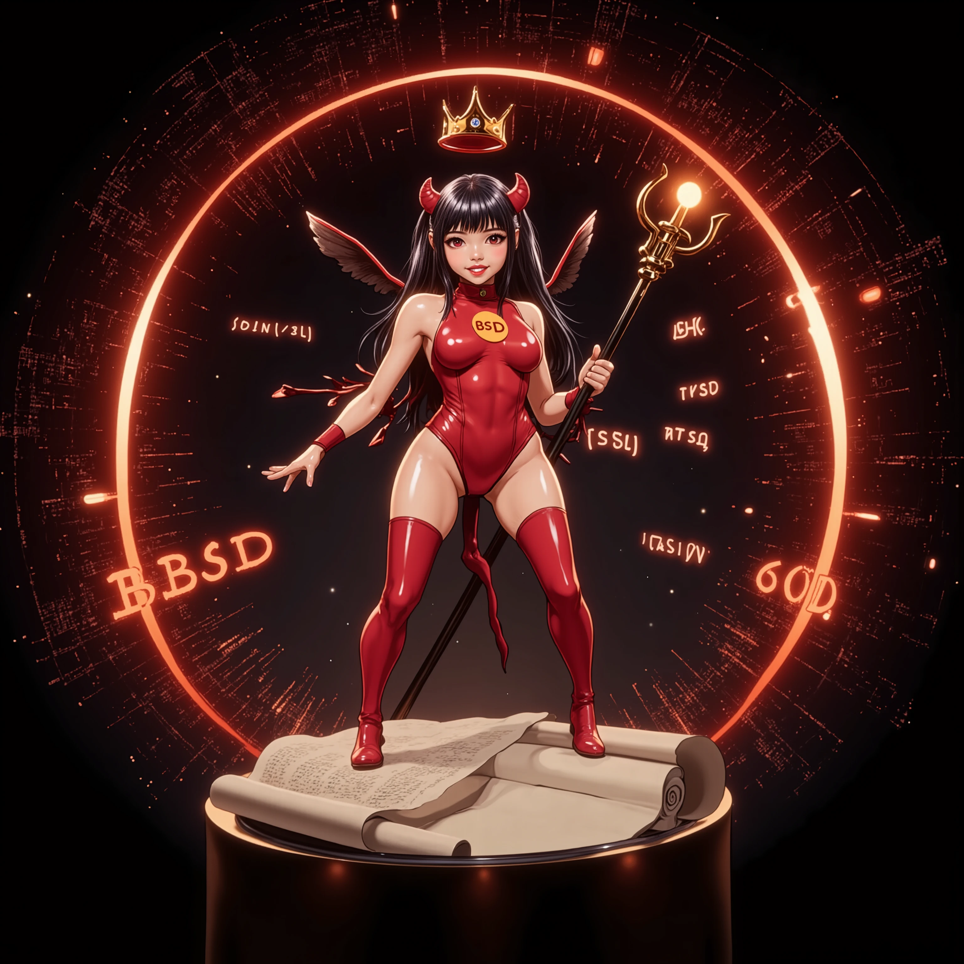 A KAWAII girl version of a "BSD daemon", a girl with a devilish smile, a red bodysuit, a pose with a distinctive trident, small devil wings, cute horn decorations, a black terminal screen background symbolizing a UNIX environment, floating strings of code, a hologram display of '/bin/sh', a costume design featuring the "BSD" logo, typical of a system administrator, a magic circle effect representing a daemon process, command lines fired from fingertips, a scroll-like manual page, UNIX commands scattered throughout, an item symbolizing hacker culture, a crown representing superuser authority, a technical and intellectual atmosphere, a fusion of digital and fantasy, the contrast of red and black, cyberpunk elements, modern tech aesthetic, kawaii daemon design, digital effects, Super-Detailed Rich Textures, Ultra-Fine HDR Commercial Photo . BSD stands for Berkeley Software Distribution 