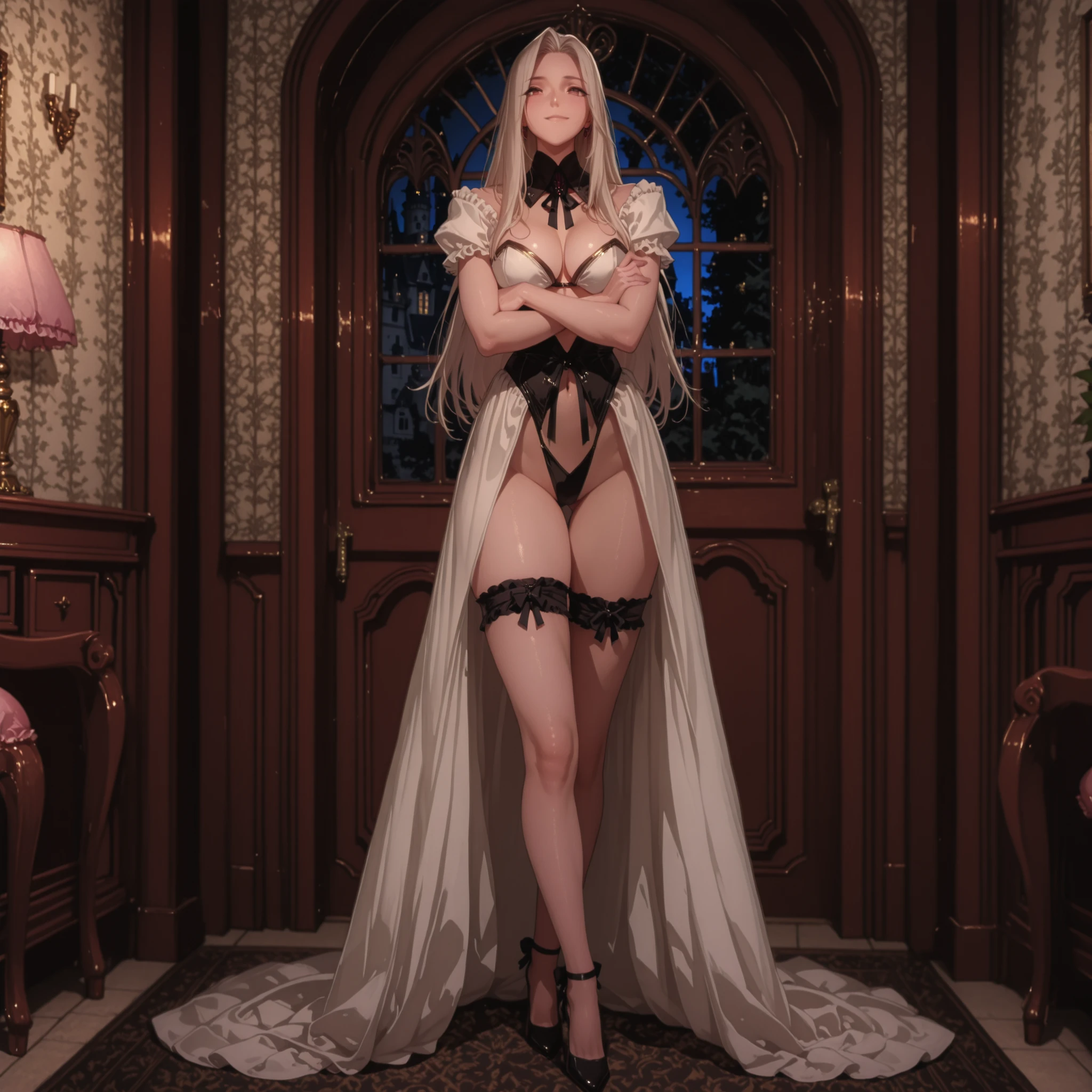 4k,masterpiece, highly detailed, full body ,solo, woman, voluptuos body, pose, soft smile, revealing night outfit ,elegant castle bedroom with a window place