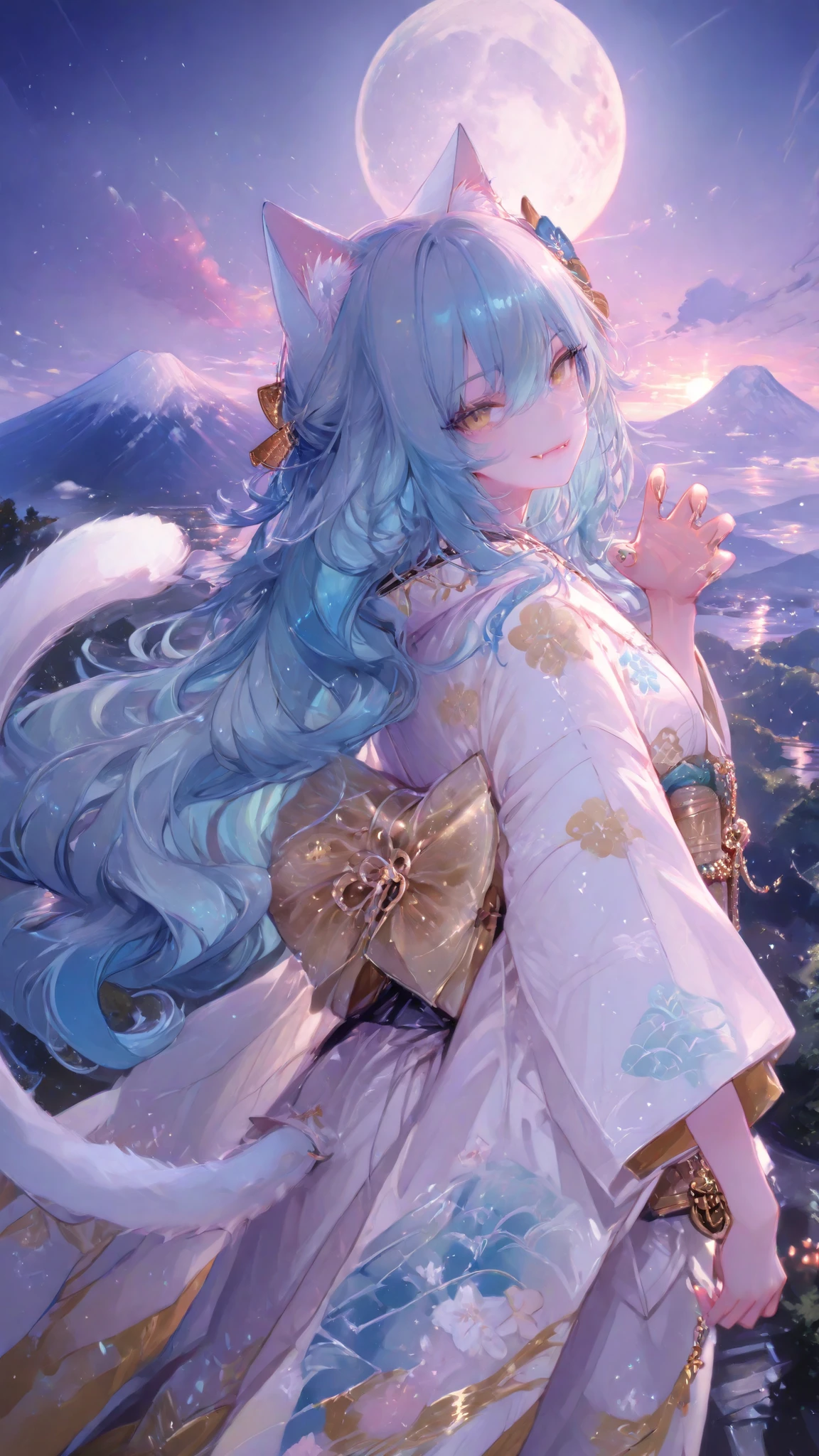perfect anatomy, Illustration, max details, fine trait, best quality, ultra detailed, 1girl (kimono neko girl), cat tail, smile with fangs, claws, very long wavy blue hair, , , nice anime golden eyes, dynamic pose, in night japan village in background, mount Fuji, moon and clouds, very detailed.