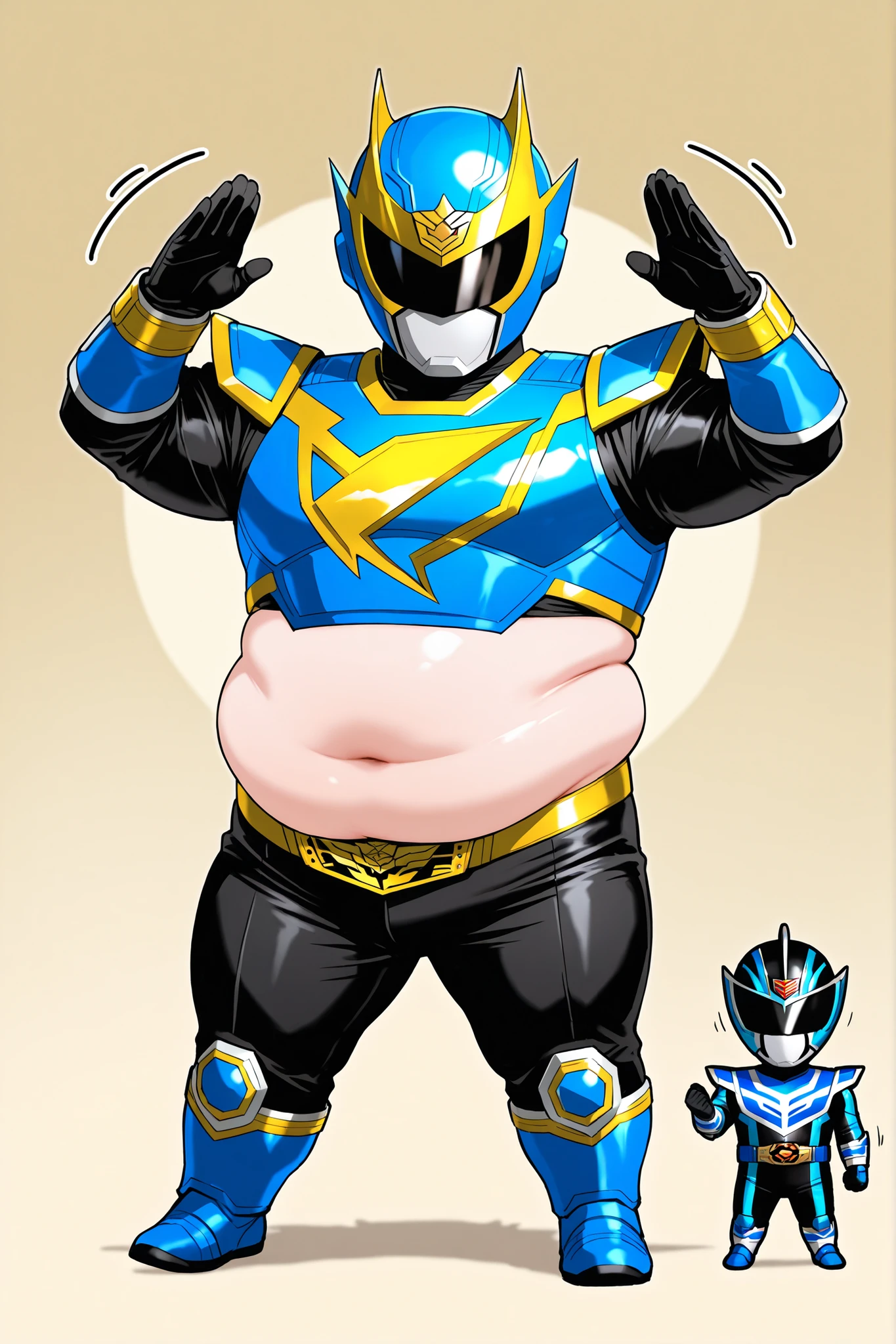 bdchibi,full body,Chibi, blue male Sentai hero, extremely small suit, exposed skin at the sleeves and bottom, cool leaning posture, undersized tokusatsu-style suit, protruding belly, blue armor with gold details, black visor helmet, confident posture, slightly raised hands, obese body type, hand-drawn anime style, pencil-sketched line art, soft shadows, clean and simple background