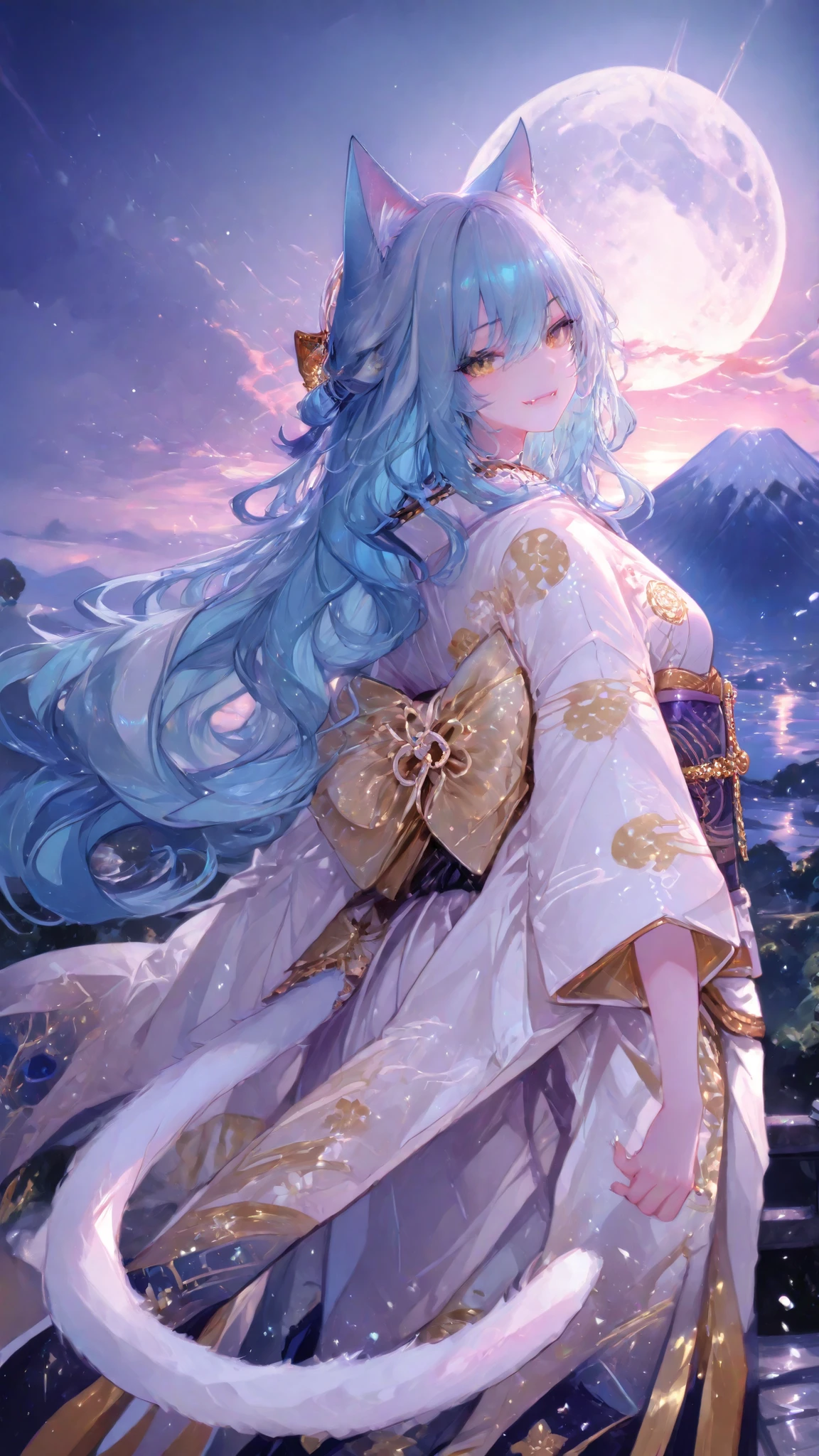 perfect anatomy, Illustration, max details, fine trait, best quality, ultra detailed, 1girl (kimono neko girl), cat tail, smile with fangs, claws, very long wavy blue hair, , , nice anime golden eyes, dynamic pose, in night japan village in background, mount Fuji, moon and clouds, very detailed.