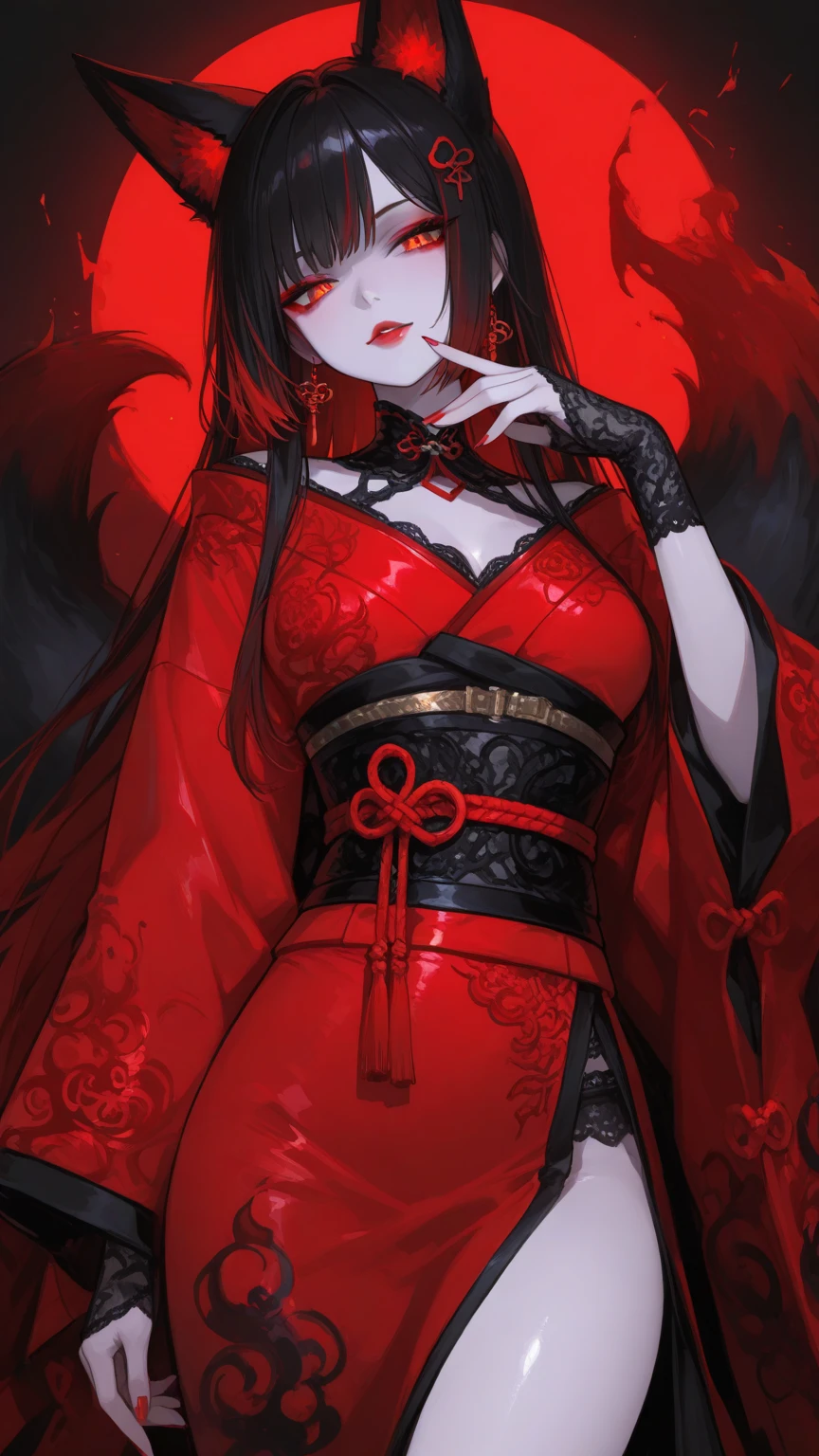((Highest quality)), ((masterpiece)), (be familiar with),One female,Black Hair,Red eyes,Black Dress,Chest tattoo, Bewitching Smile,Heel,Black Hair,Hair tied around the neck,Red shawl, ,(whole body),Slanted Eyes
