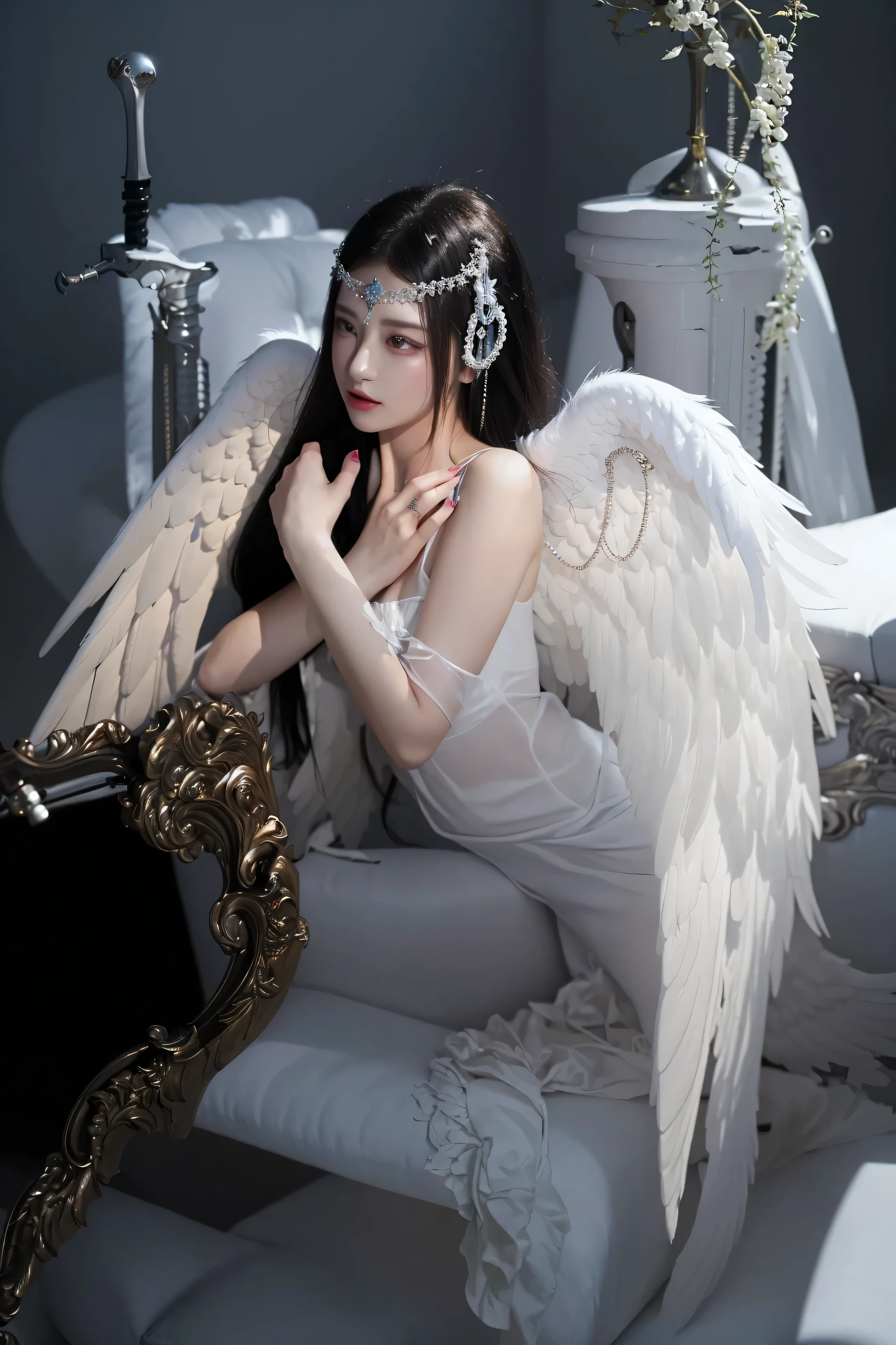 A stunningly ethereal image captures the essence of a charming, radiant beautiful cute woman, beautiful thighs angel face gently seated on a fluffy cloud. Delicate angel wings gracefully extend from her slender frame, adding a touch of heavenly elegance. This mesmerizing portrayal, perhaps a painting or a digital artwork, showcases the woman's irresistible allure, with her striking beauty enhanced by her captivating gaze and graceful poise. The high-quality image meticulously portrays every fine detail, from her flawlessly smooth complexion to the cascading waves of her flowing hair, creating a truly enchanting and visually appealing composition.