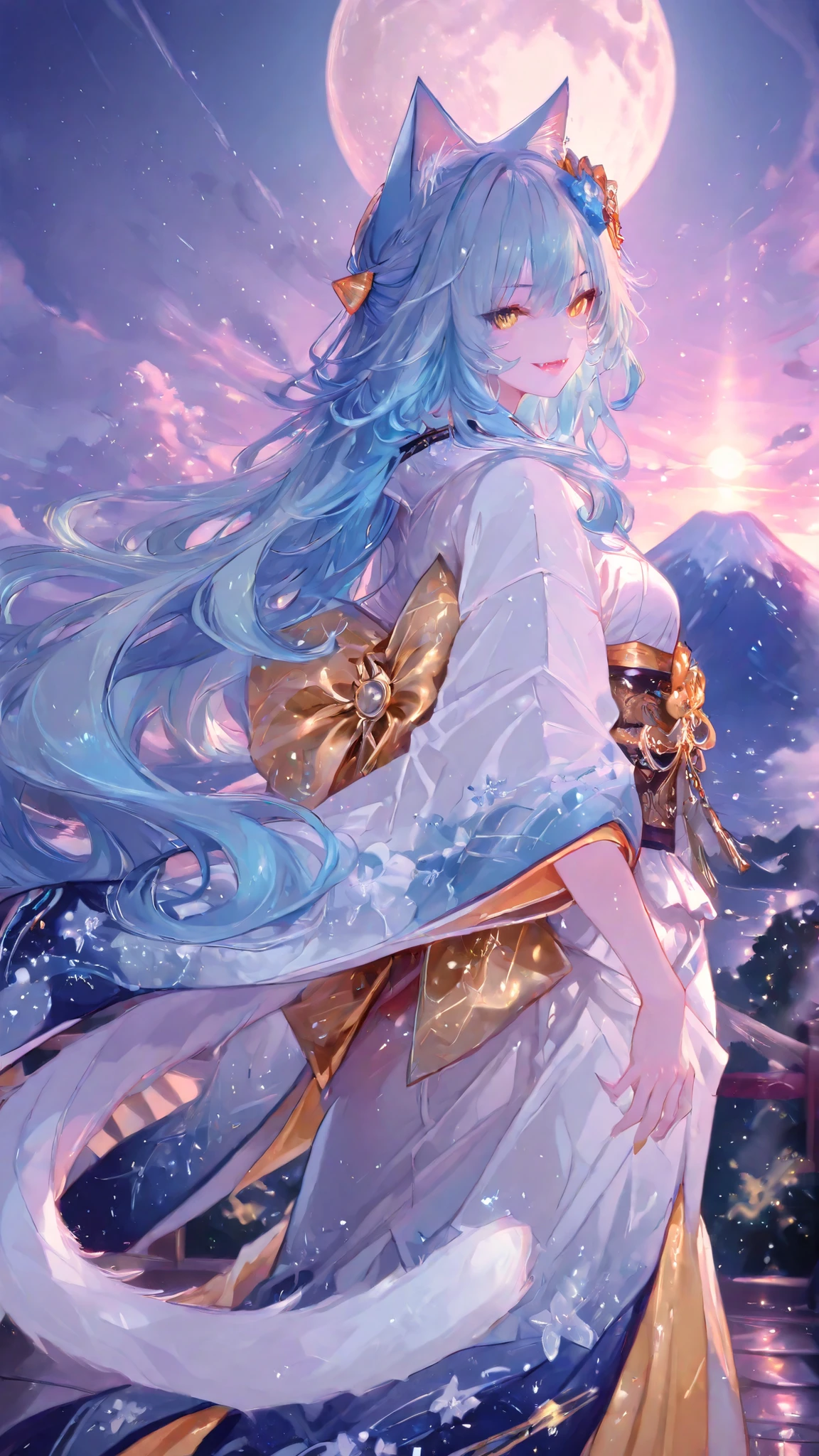 748cmstyle,perfect anatomy, masterpiece,  Illustration, ultra details, fine trait, best quality, ultra detailed, 1girl (kimono neko girl), cat tail, smile with fangs, claws, very long wavy blue hair, , , nice anime golden eyes, dynamic pose, in night japan village in background, mount Fuji, moon and clouds, very detailed.
