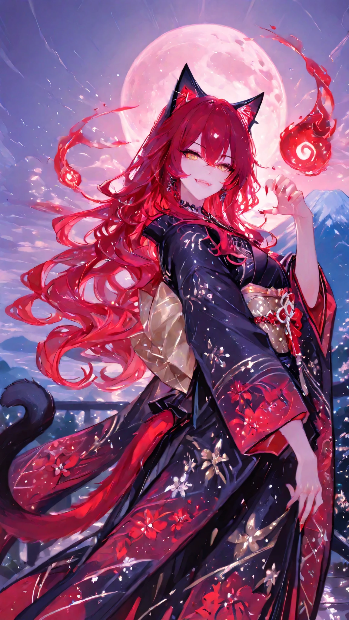 748cmstyle,perfect anatomy, masterpiece, Illustration, ultra details, fine trait, best quality, ultra detailed, 1girl (kimono neko girl), cat tail, smile with fangs, claws, very long wavy red hair, , , nice anime golden eyes, dynamic pose, in night japan village in background, mount Fuji, moon and clouds, very detailed.